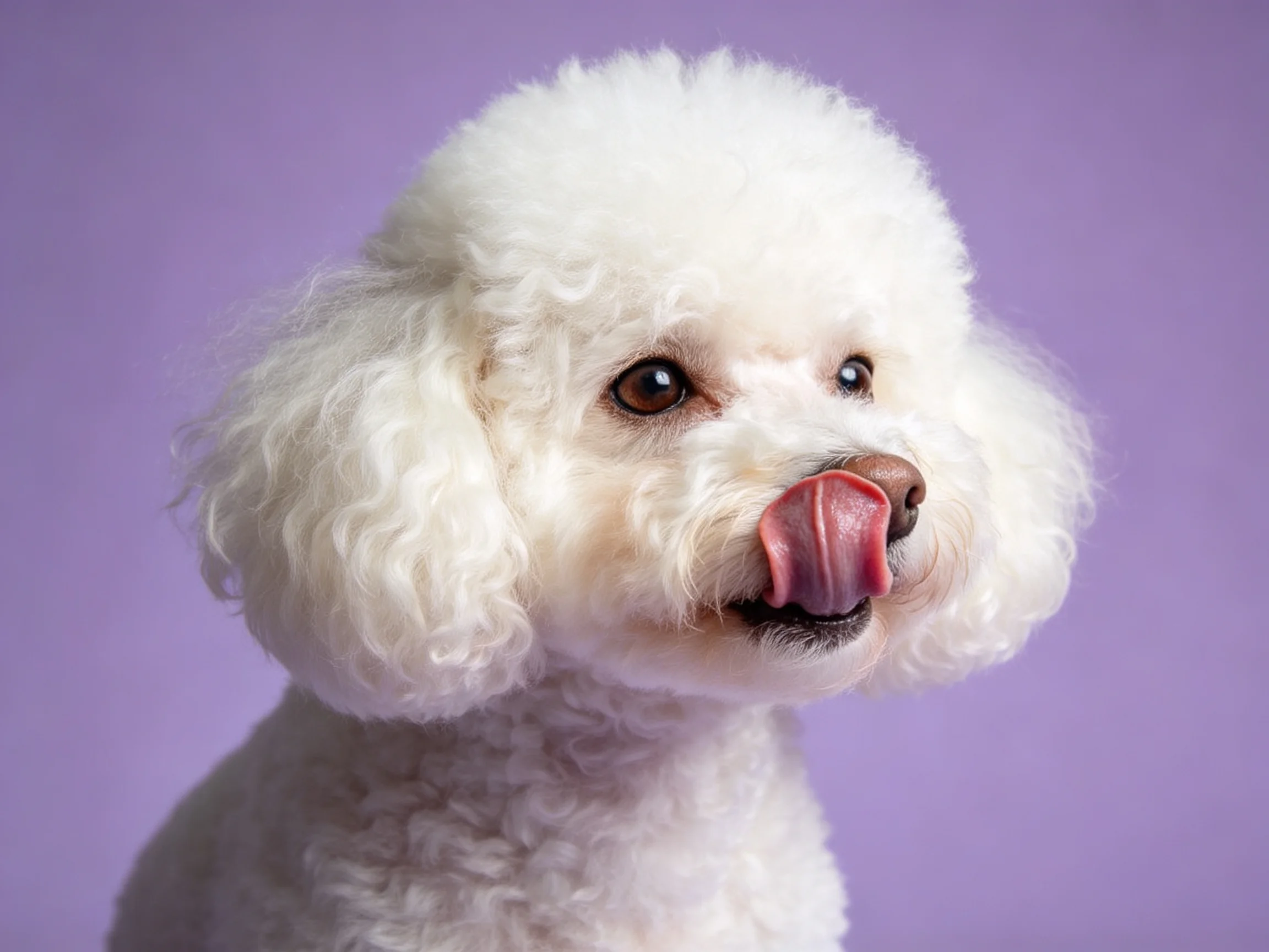 A fluffy white poodle licking its nose against a solid purple background
