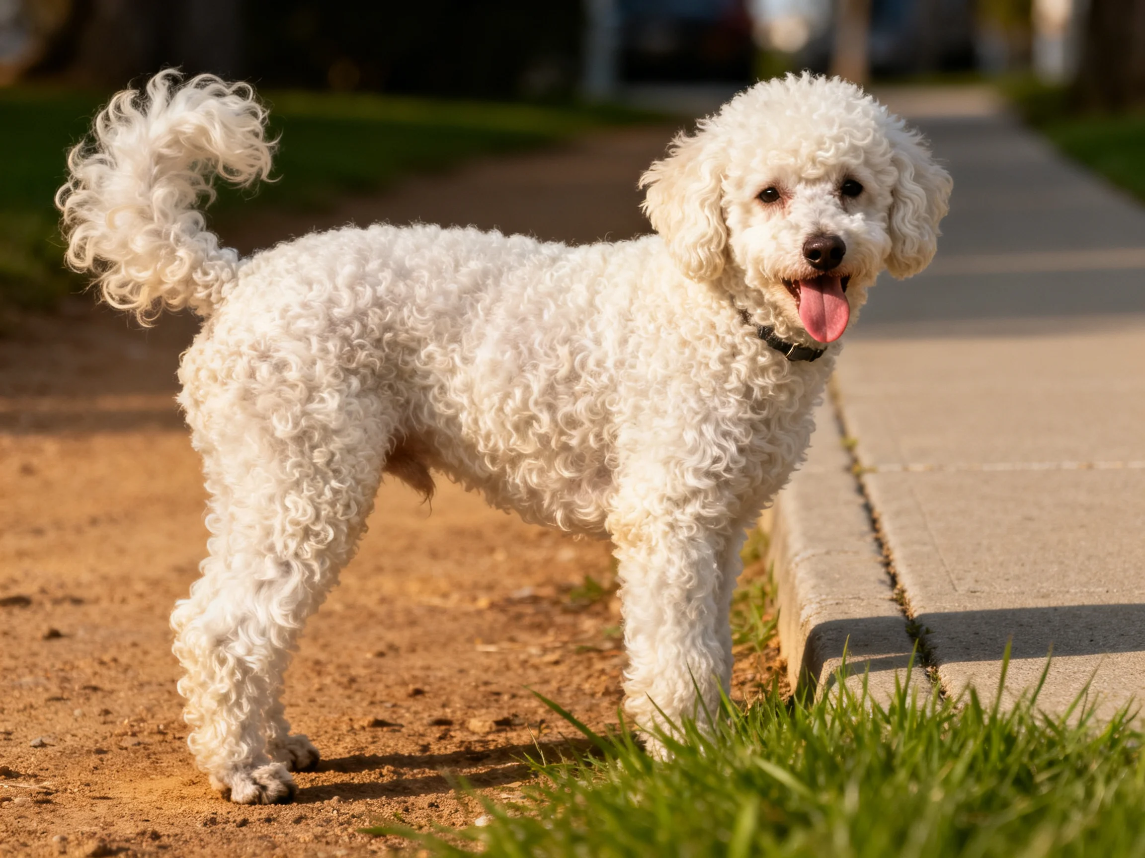A fluffy white poodle stands near a sidewalk and dirt path.