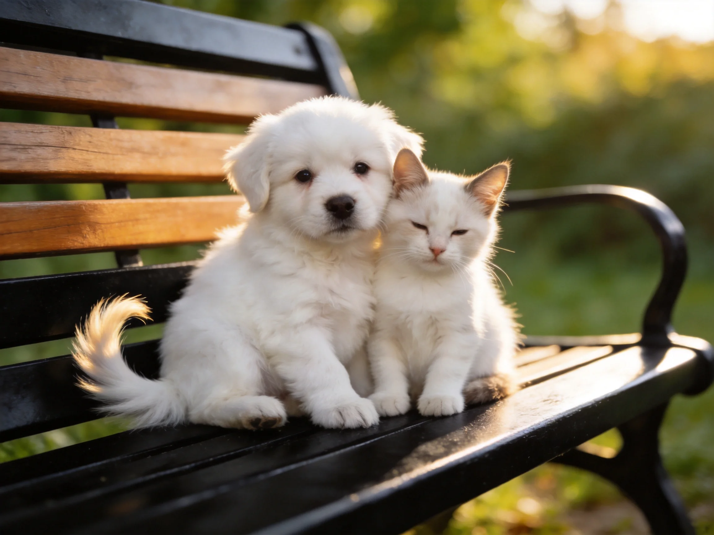 A white puppy and kitten sit closely together on a park bench.