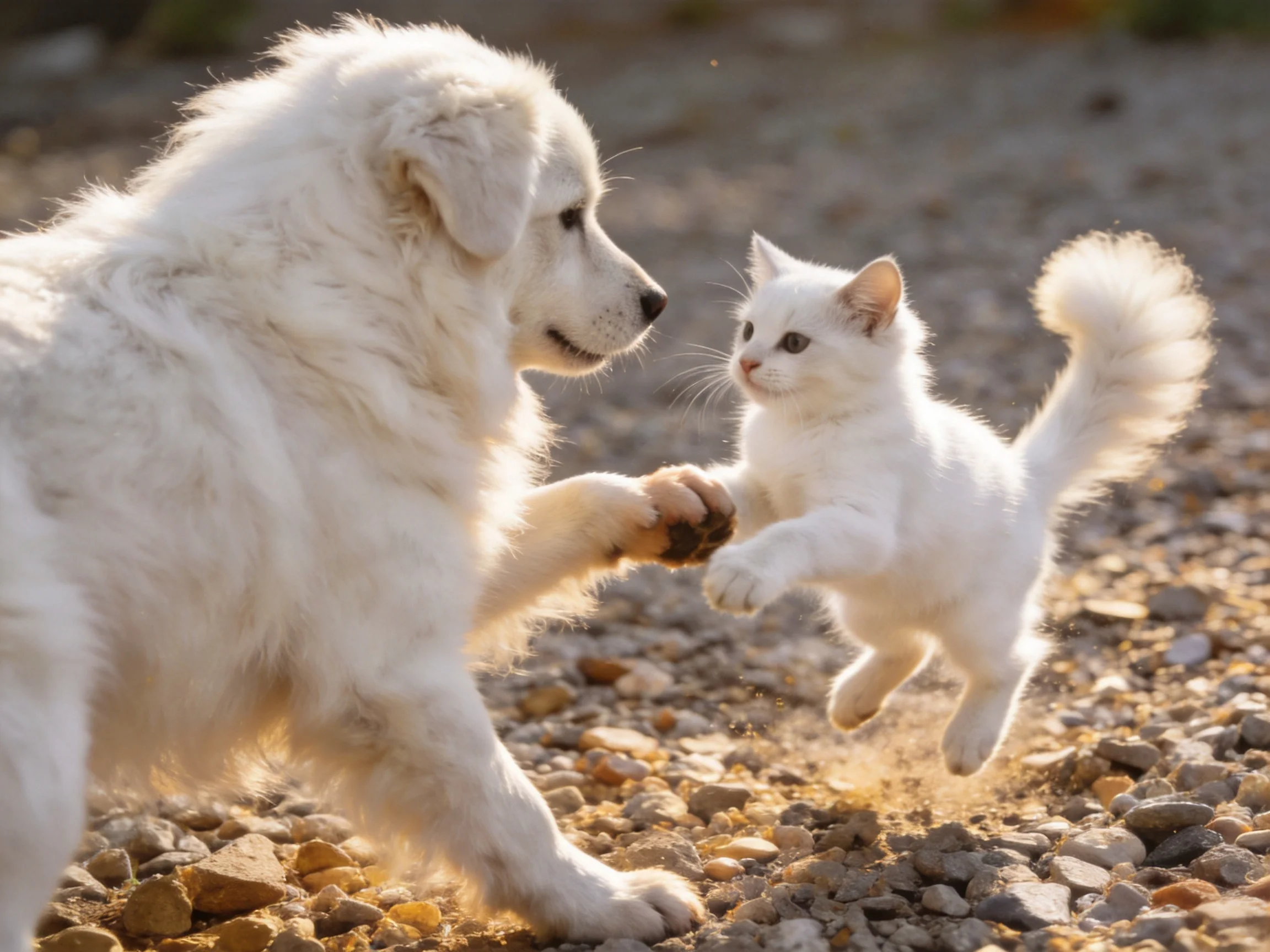 A white puppy and kitten playfully interact on a gravel path.