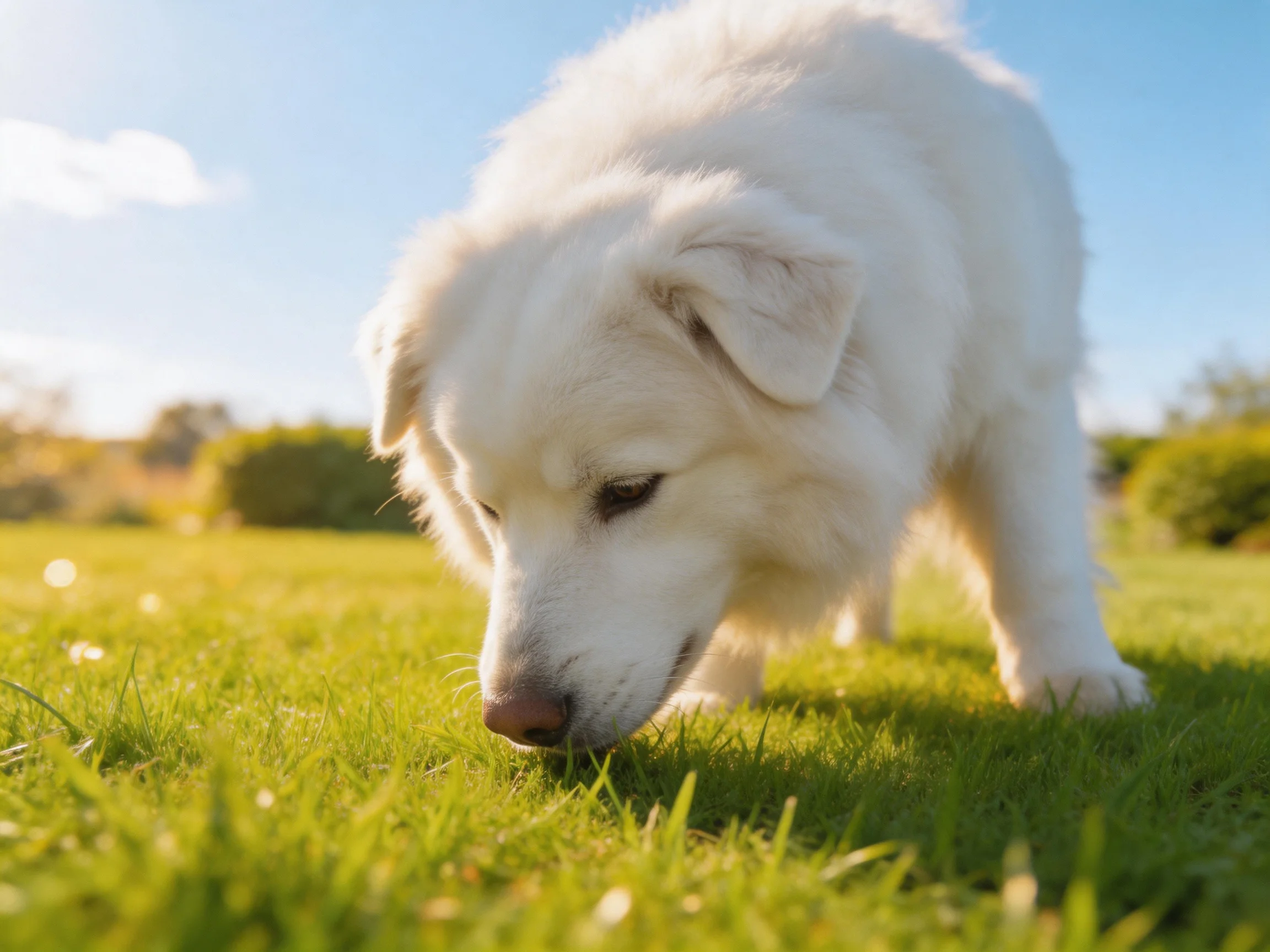 A fluffy white puppy exploring a sunlit green lawn