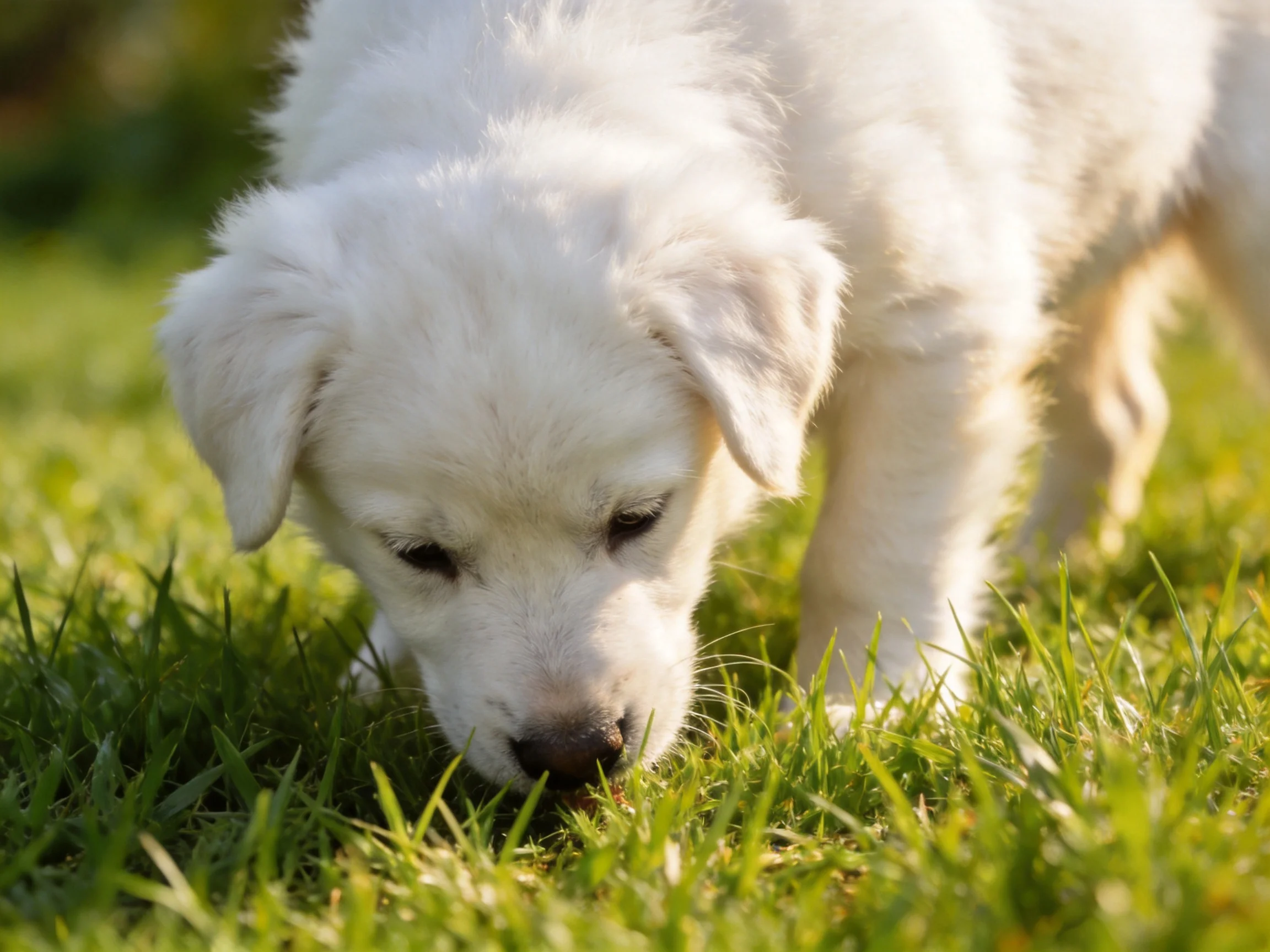 A fluffy white puppy exploring lush green grass outdoors