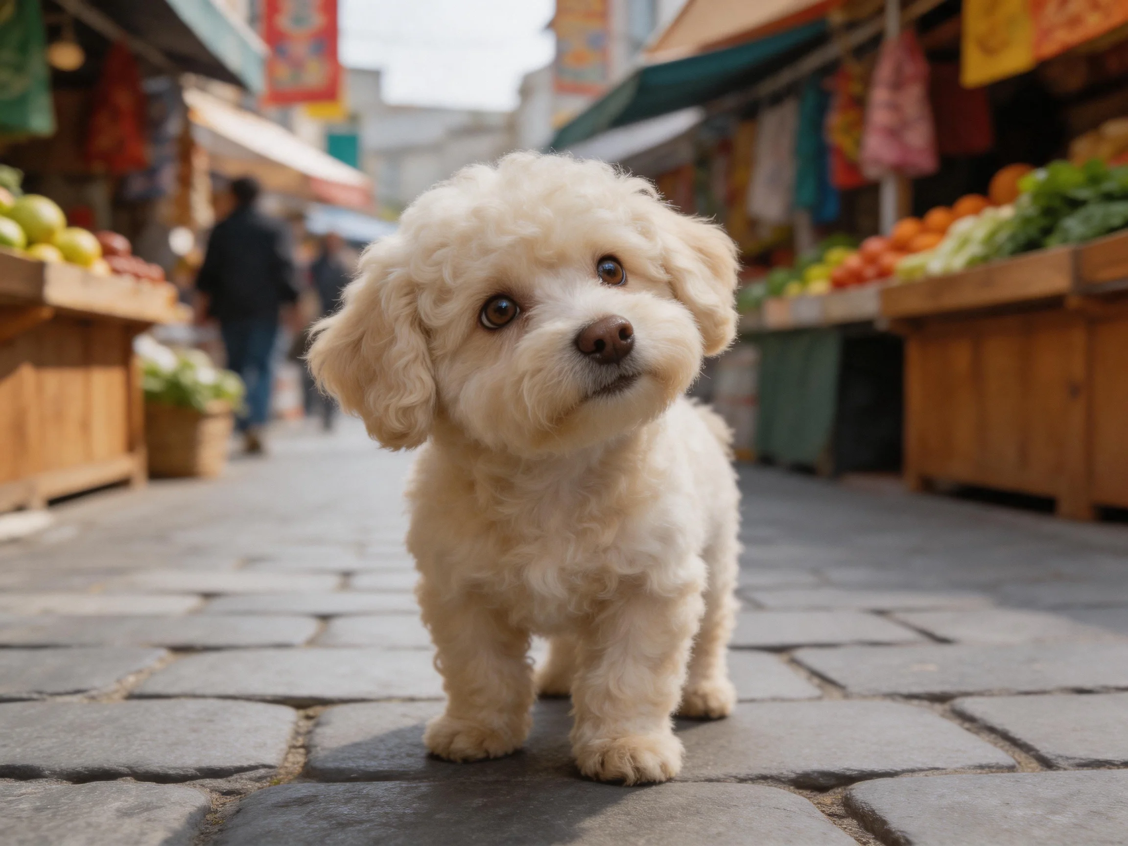 A fluffy white puppy stands near fruit stalls on a cobblestone street.
