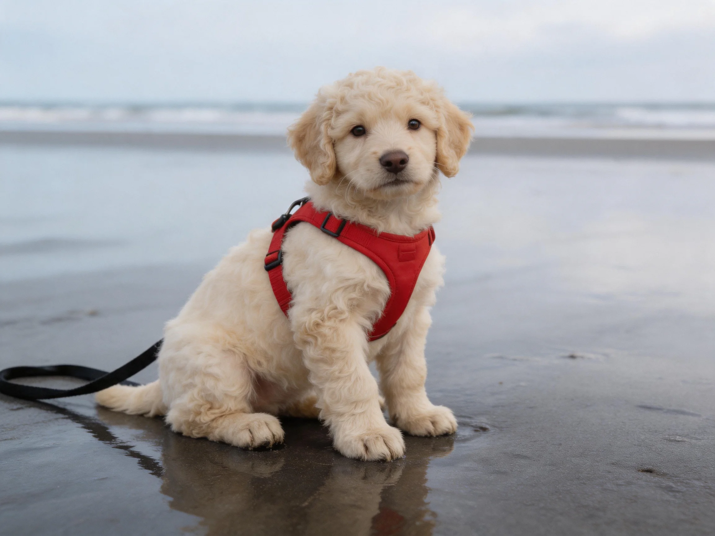 A fluffy white puppy in a red harness sits on wet sand by the ocean