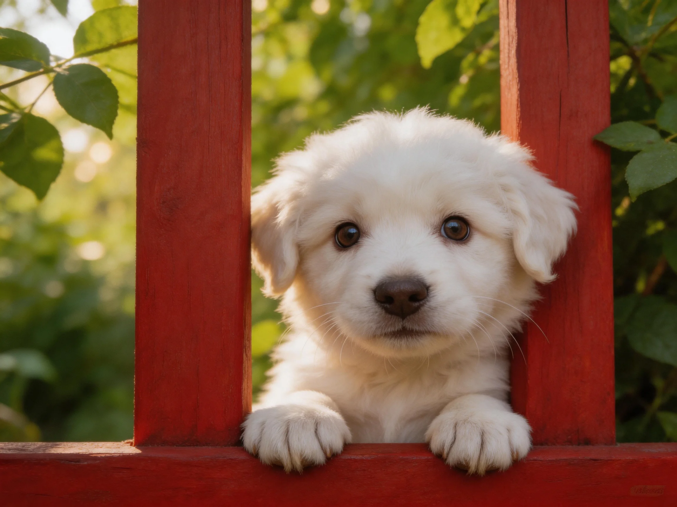 A fluffy white puppy peers through a bright red wooden fence