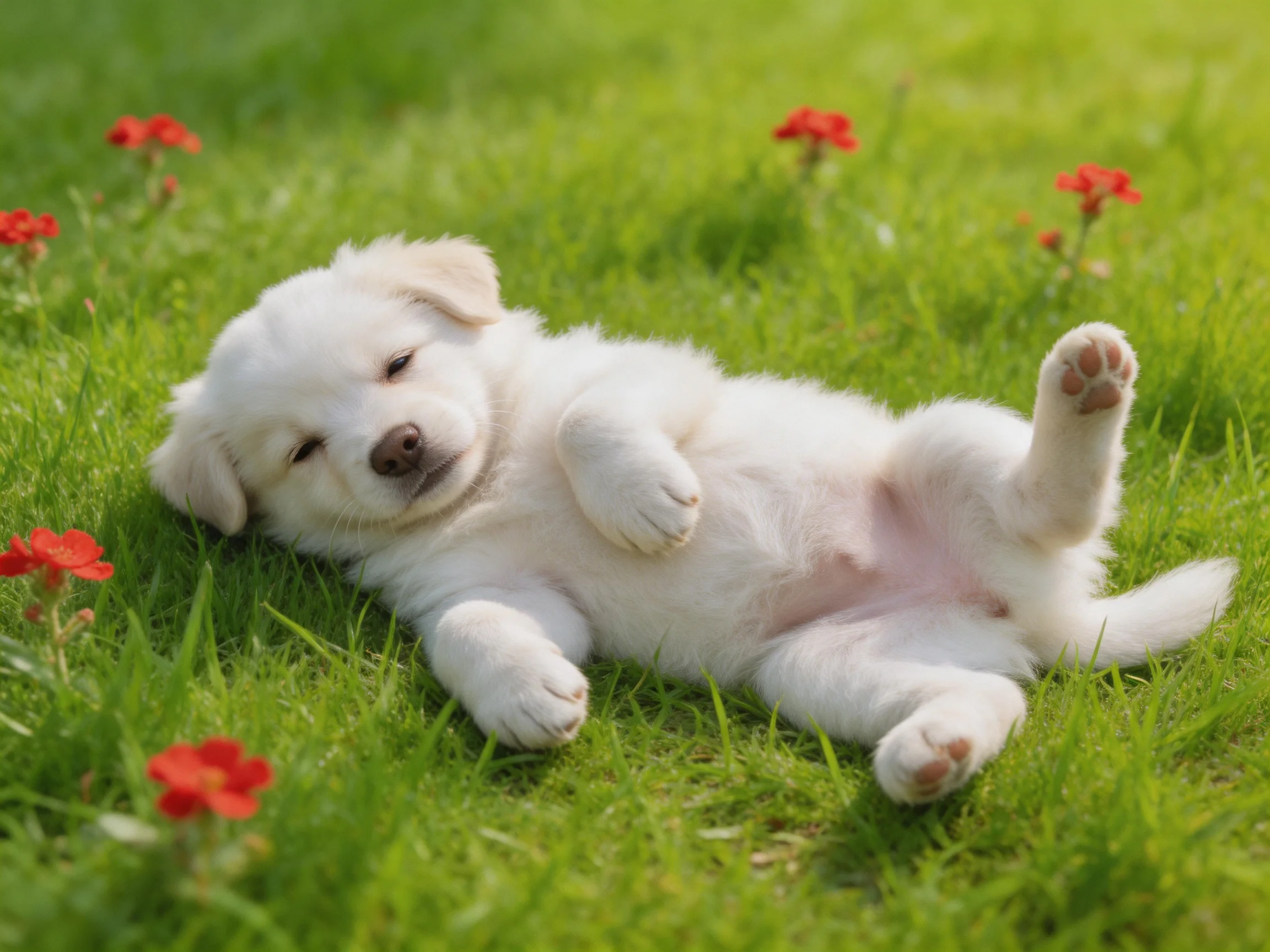 A white puppy rests peacefully on green grass surrounded by red flowers.