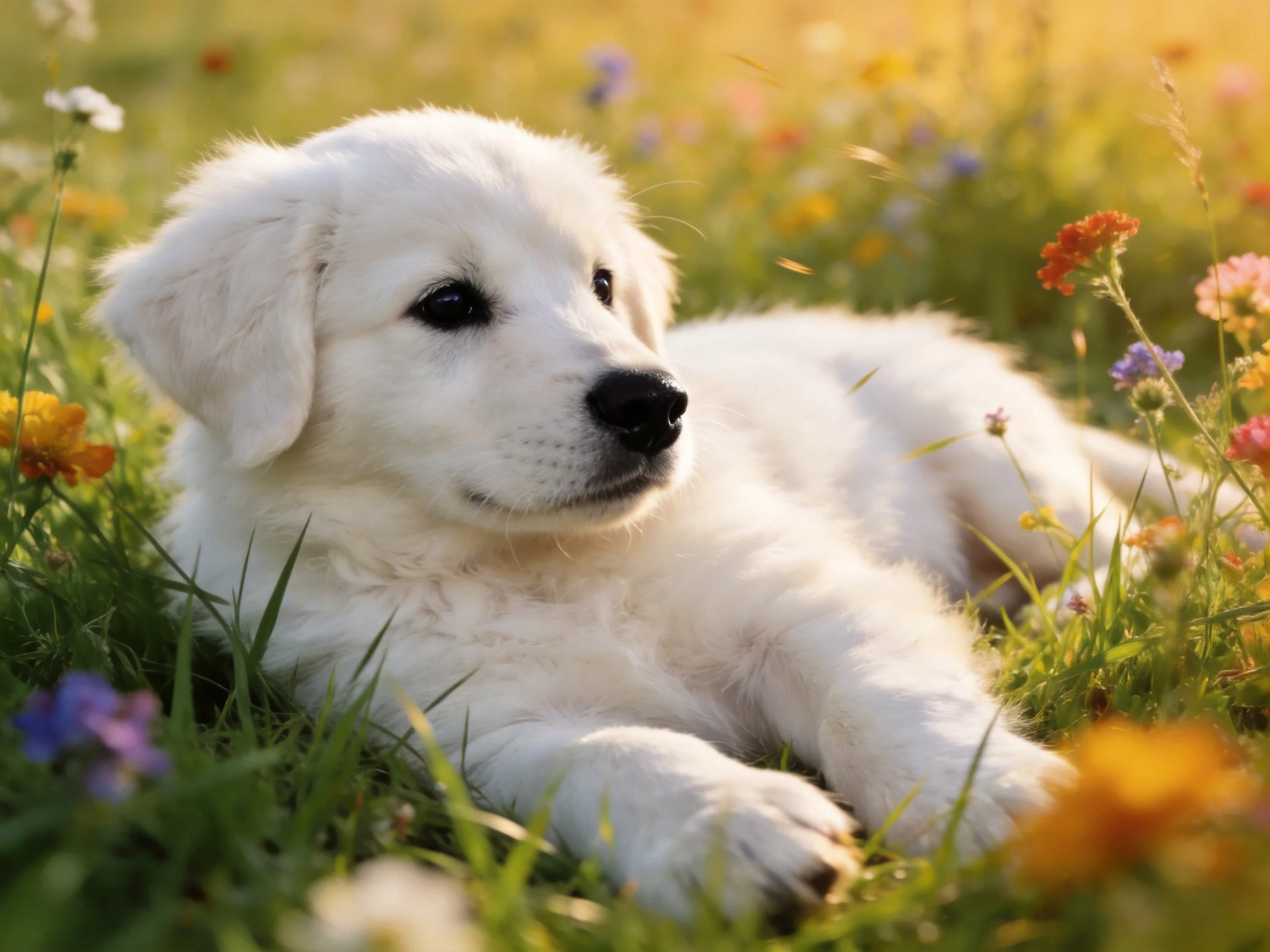 A fluffy white puppy resting among colorful wildflowers in a sunlit meadow