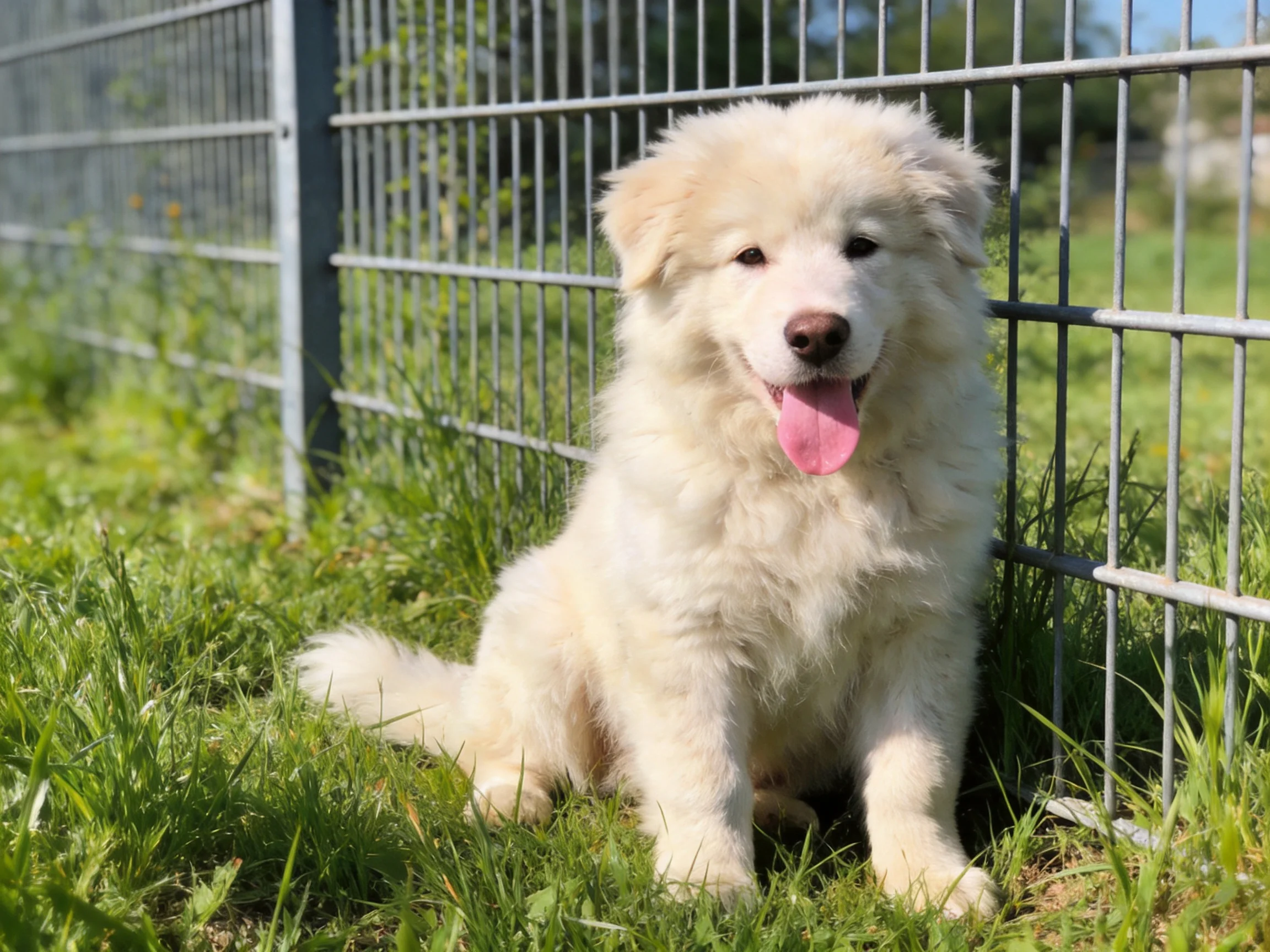 A fluffy white puppy rests peacefully next to a metal fence in a grassy area.