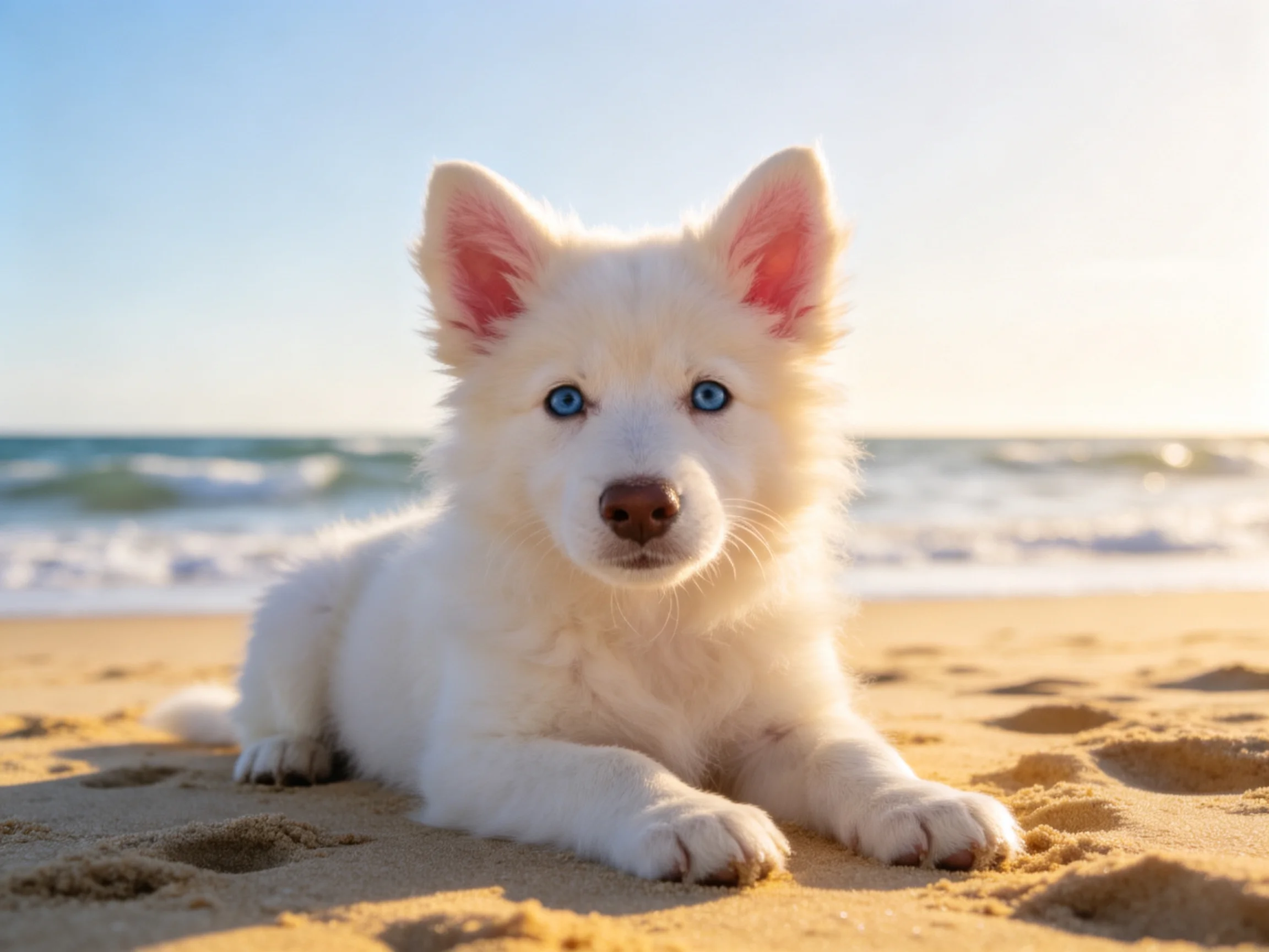 A fluffy white puppy resting on a sandy beach near the ocean
