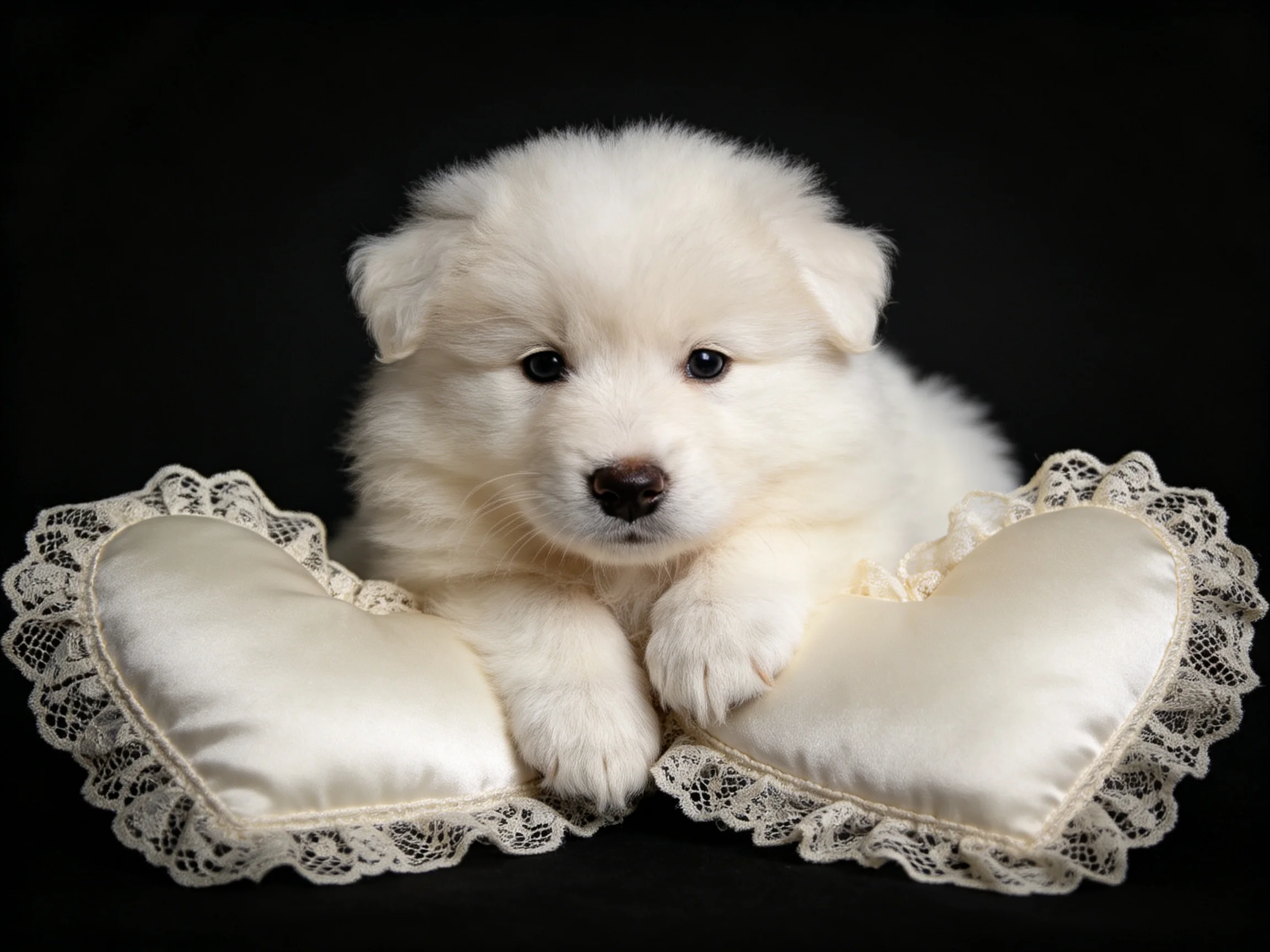 A fluffy white puppy rests beside two cream-colored lace-trimmed heart pillows