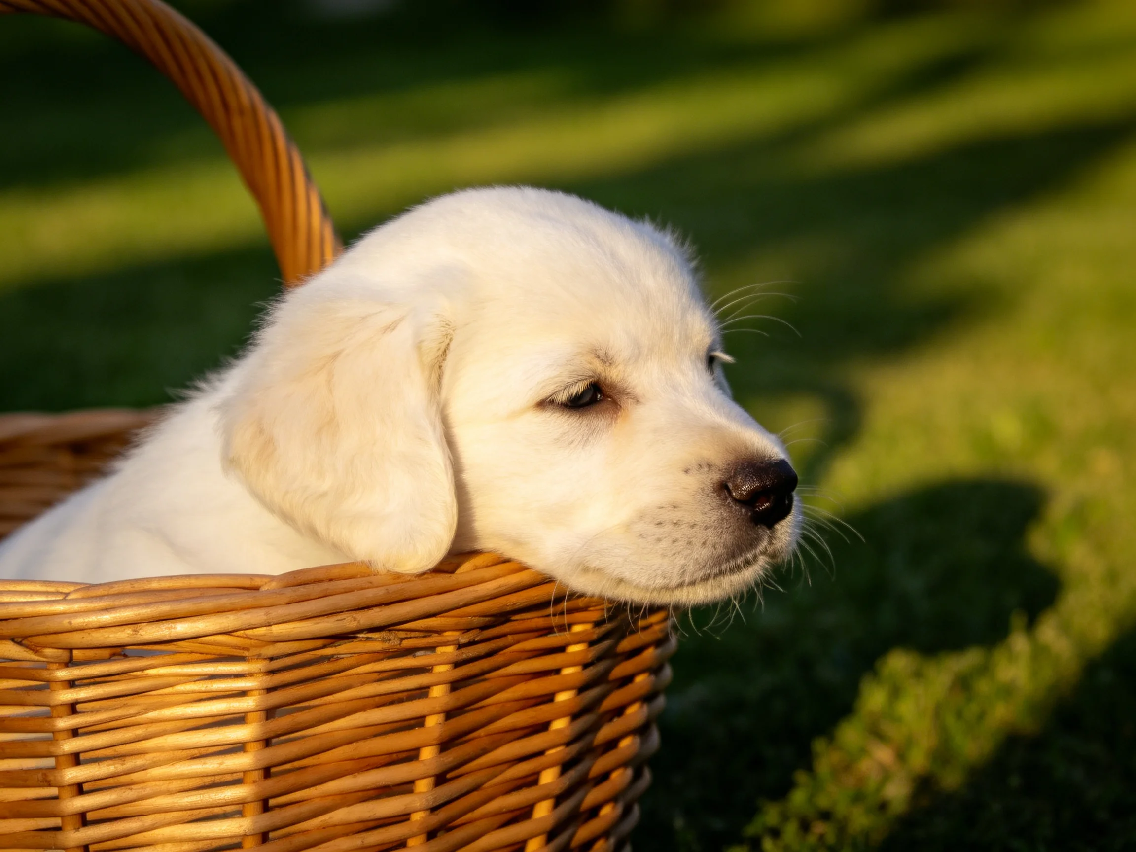 White puppy relaxes in a wicker basket outdoors