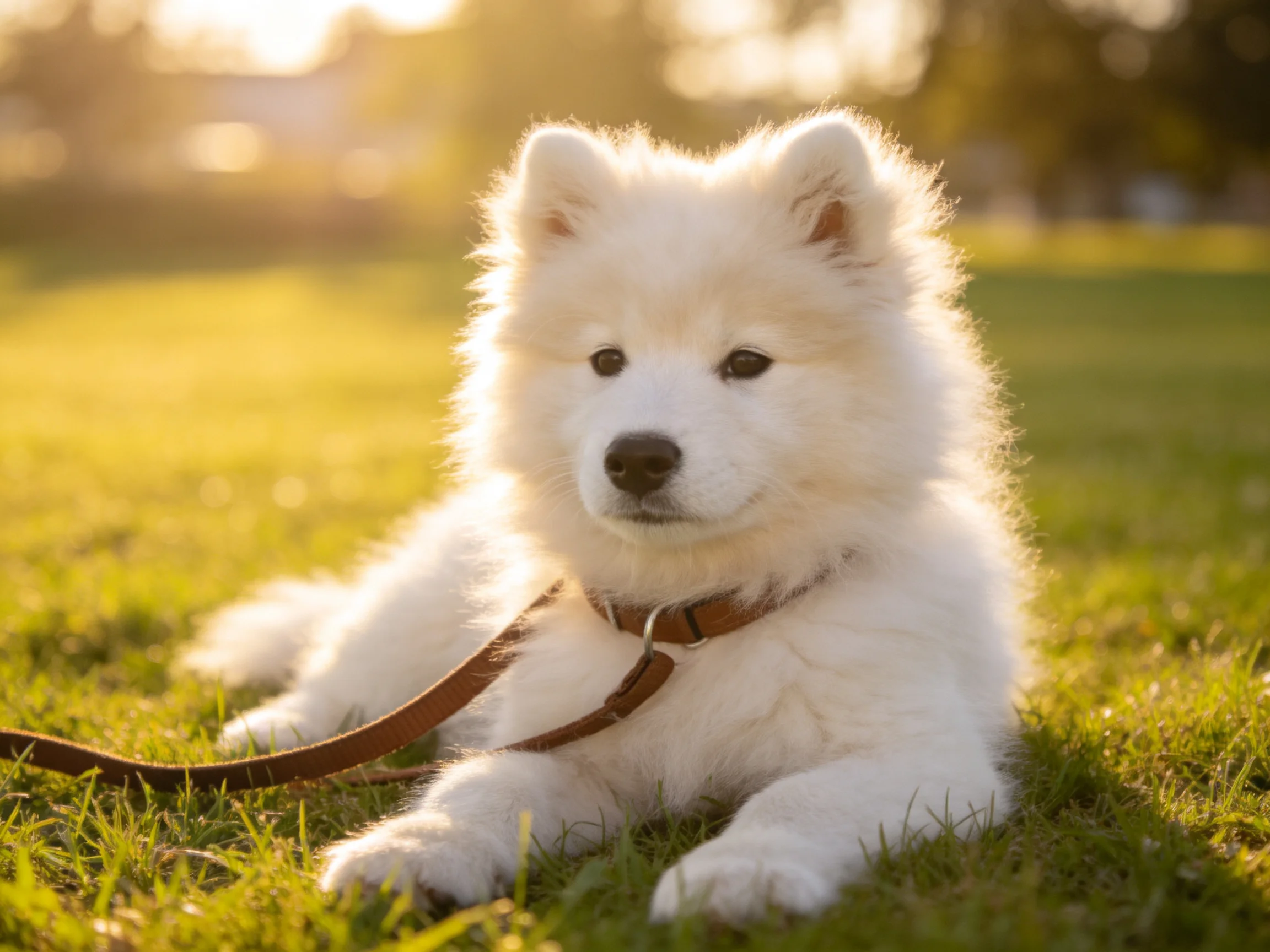 A fluffy white puppy relaxes on sunlit grass.