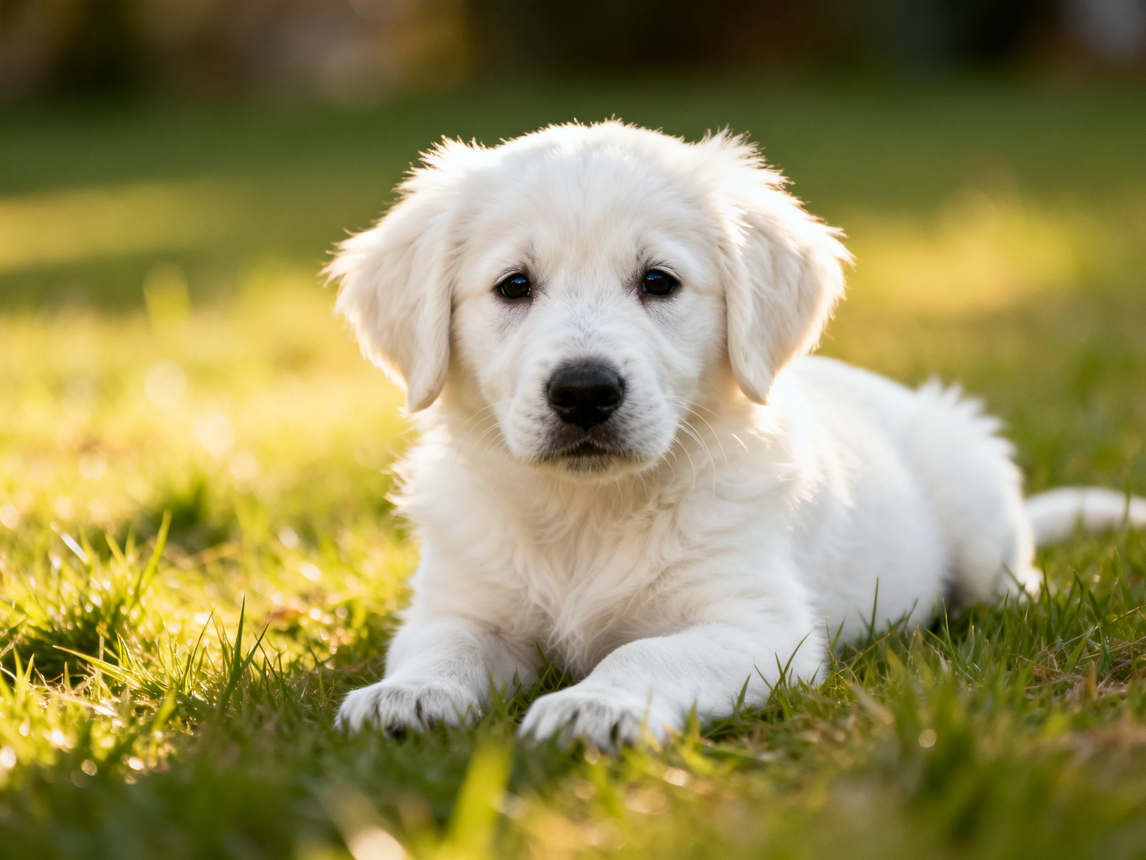 A fluffy white puppy rests on sunlit green grass
