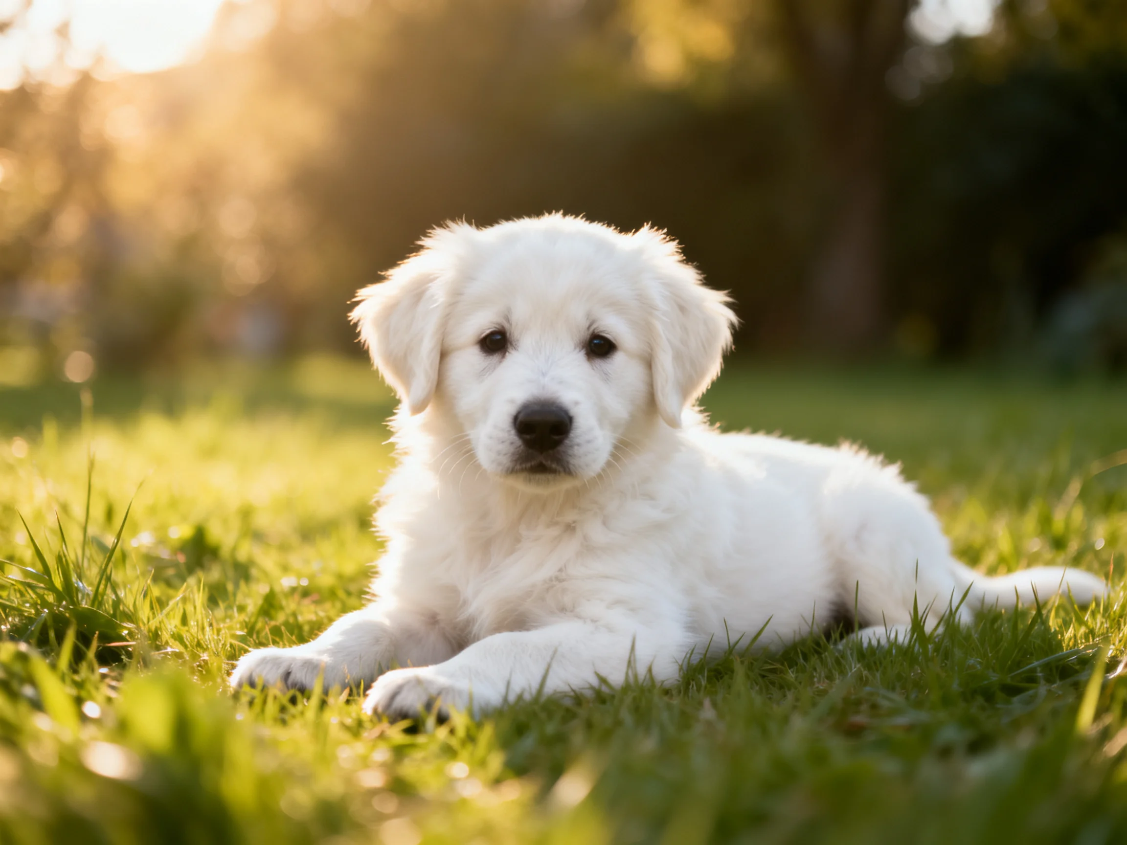 A fluffy white puppy relaxes on sunlit green grass.