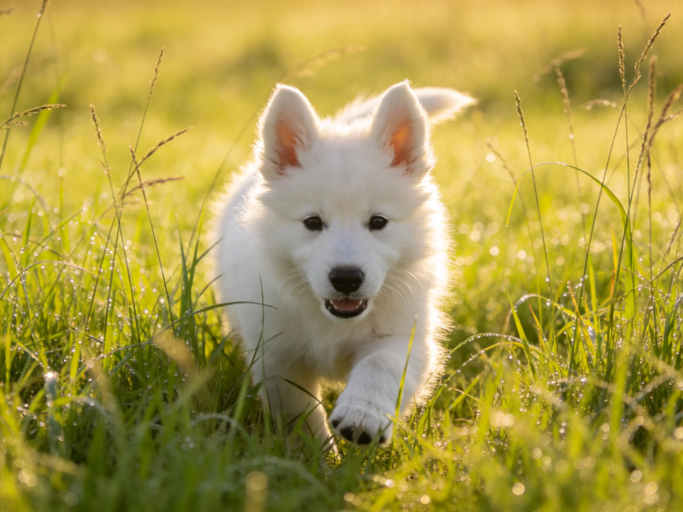 A fluffy white puppy running through lush green grass