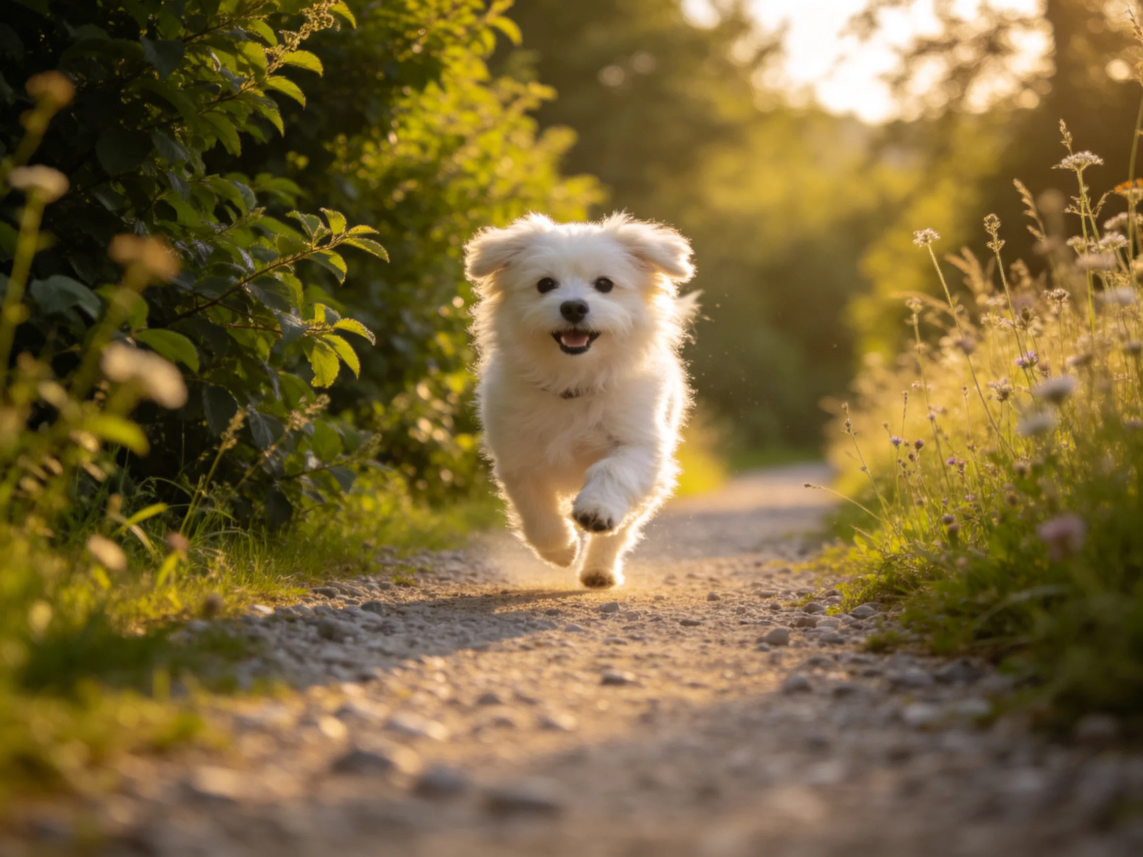 A fluffy white puppy runs along a sunlit gravel path surrounded by greenery