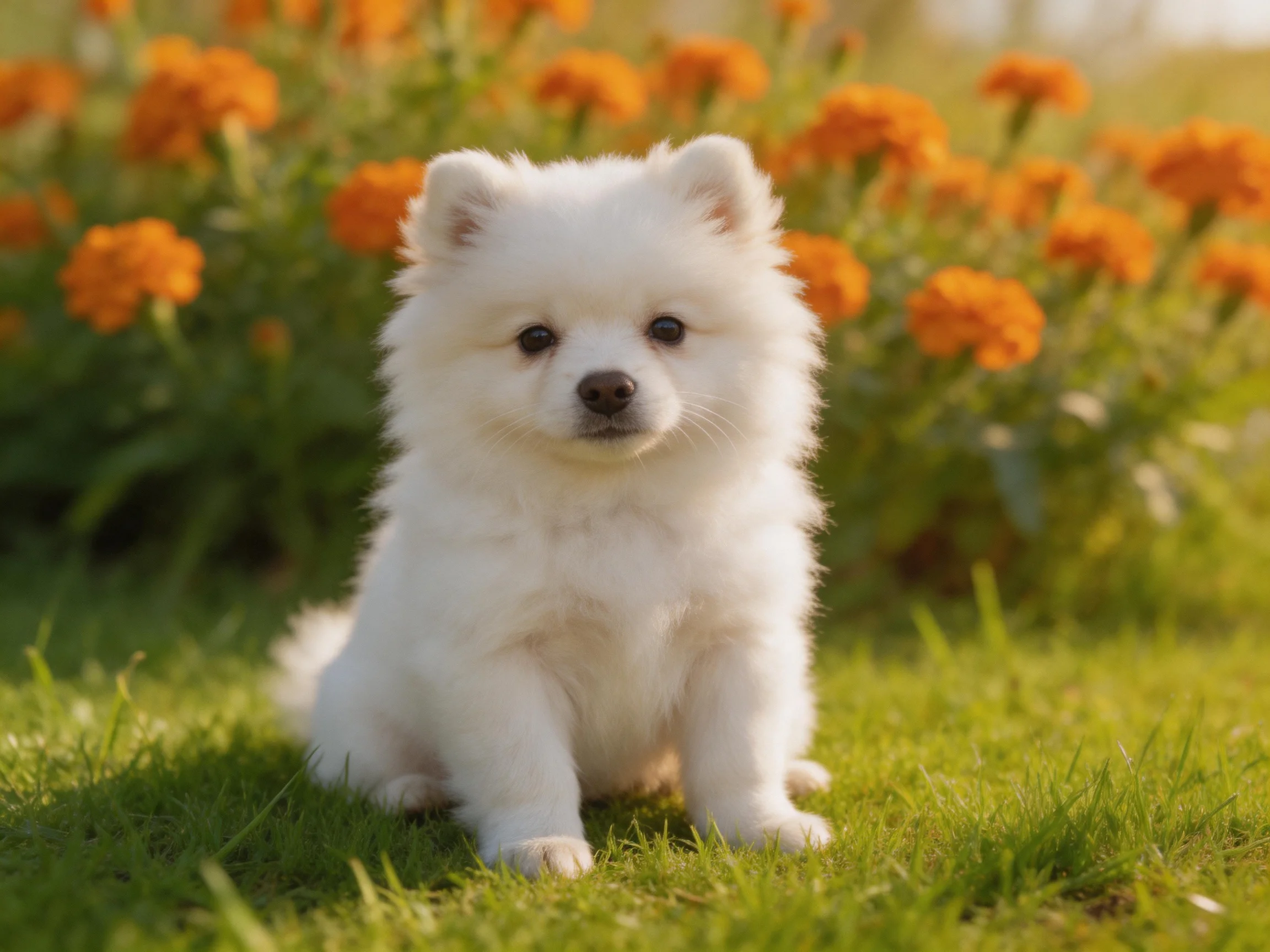 A small white dog rests peacefully in a garden with orange blooms.