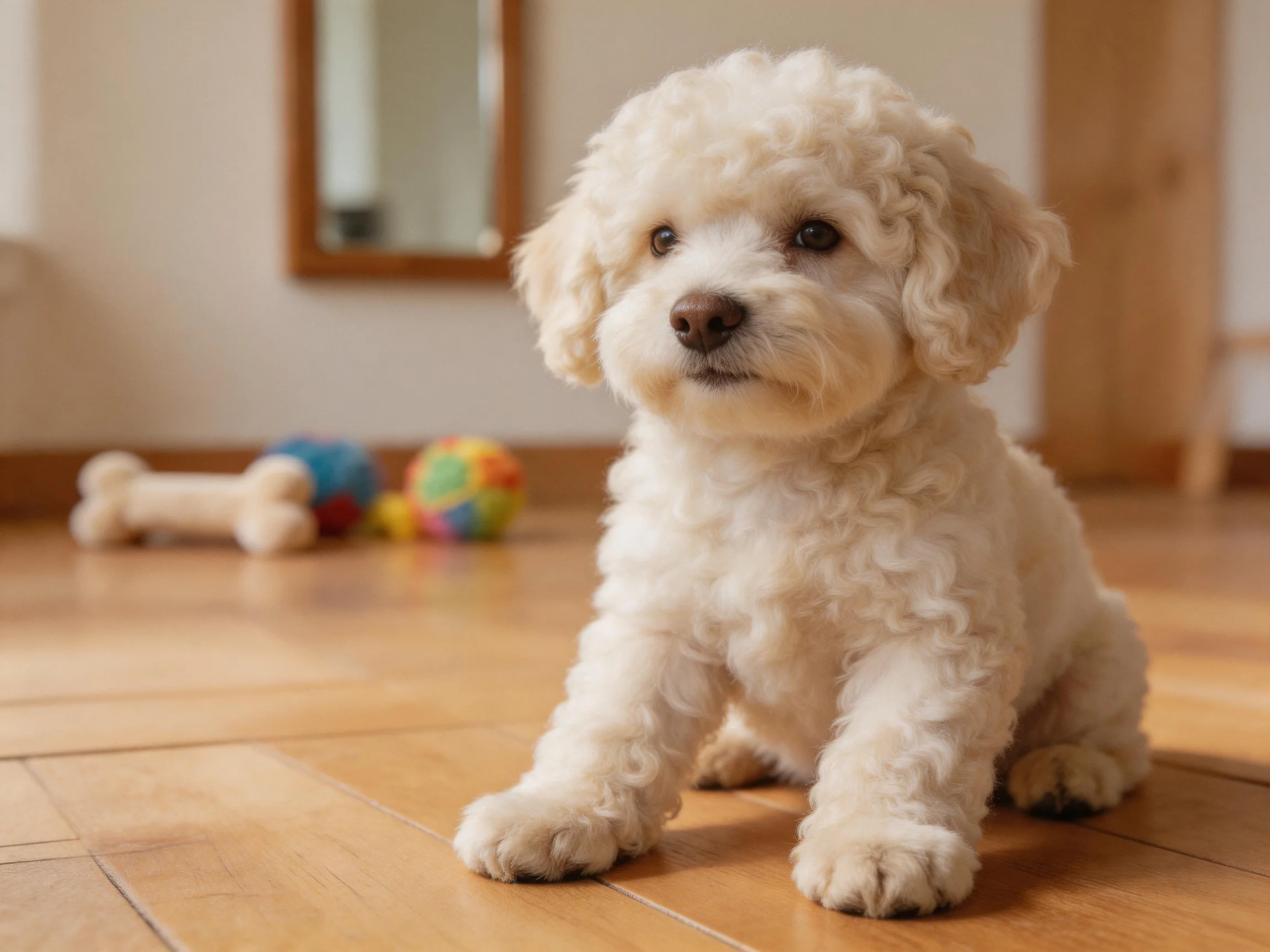 A fluffy white puppy sits near toys on a wooden floor.