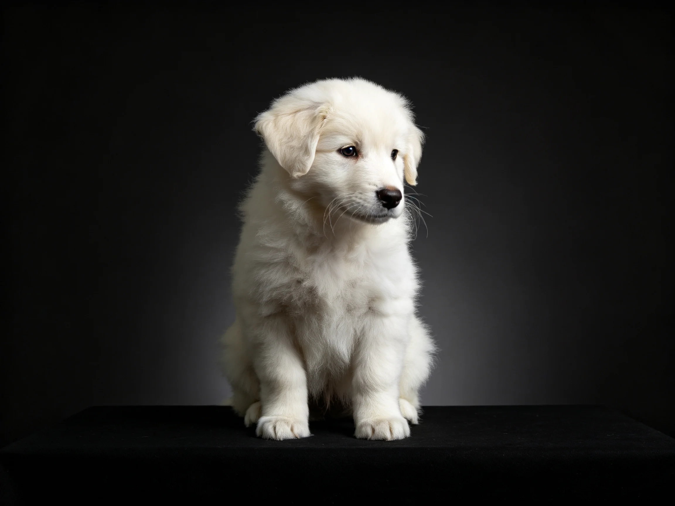 A fluffy white puppy sits calmly on a black platform with a dark backdrop.