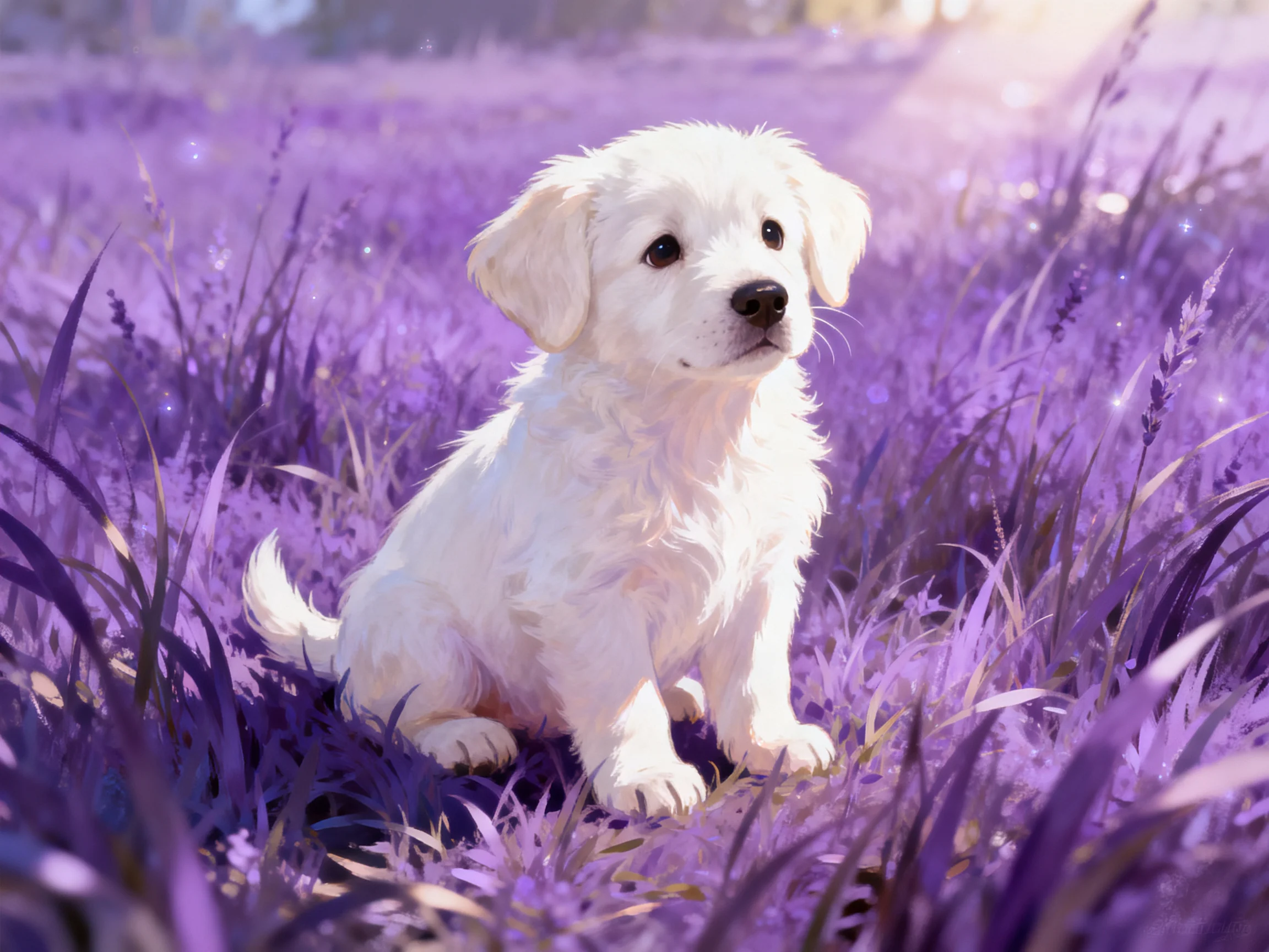 A fluffy white puppy sits calmly among tall purple flowers.