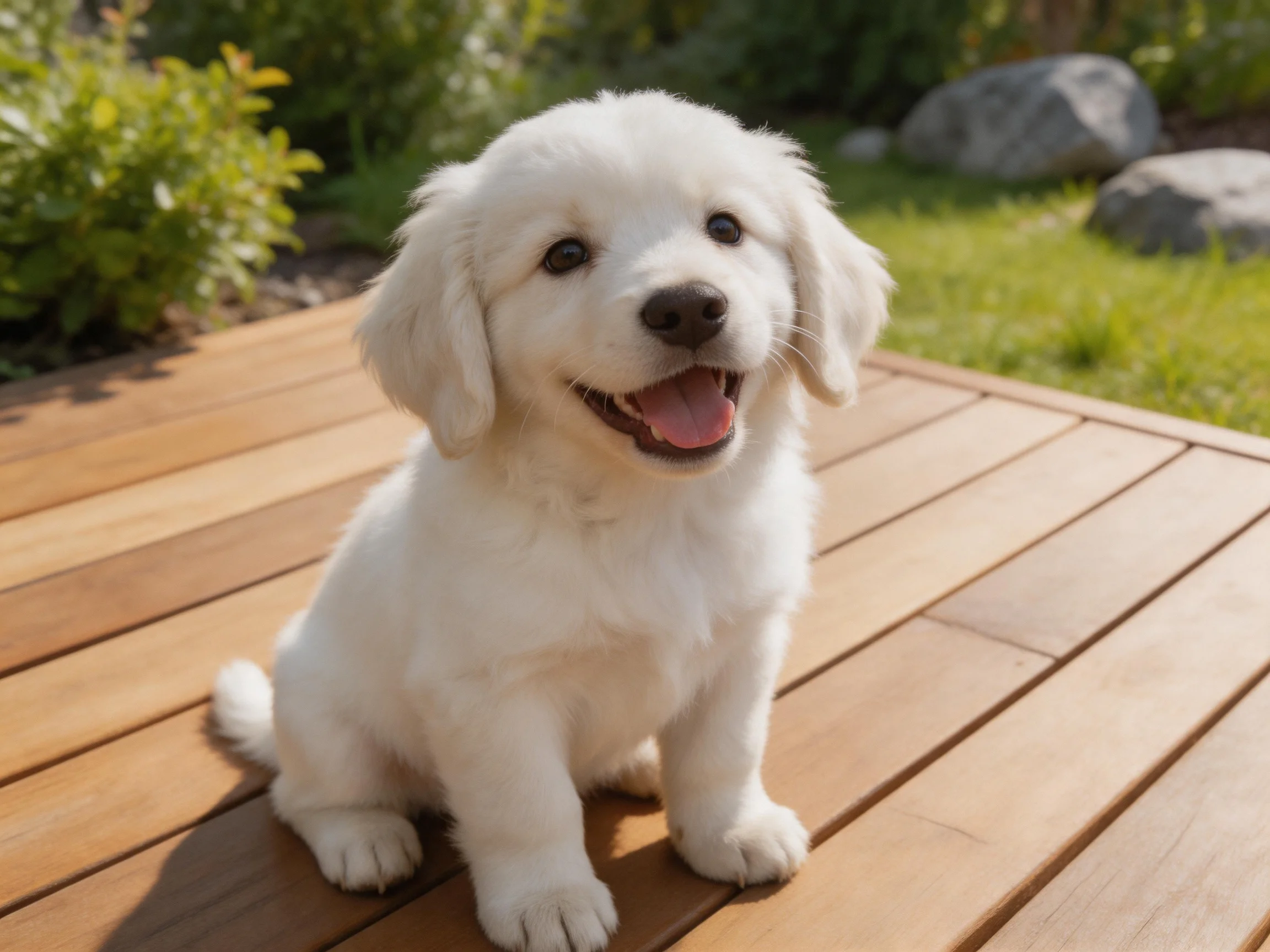A fluffy white puppy sitting on a wooden deck in a sunny garden