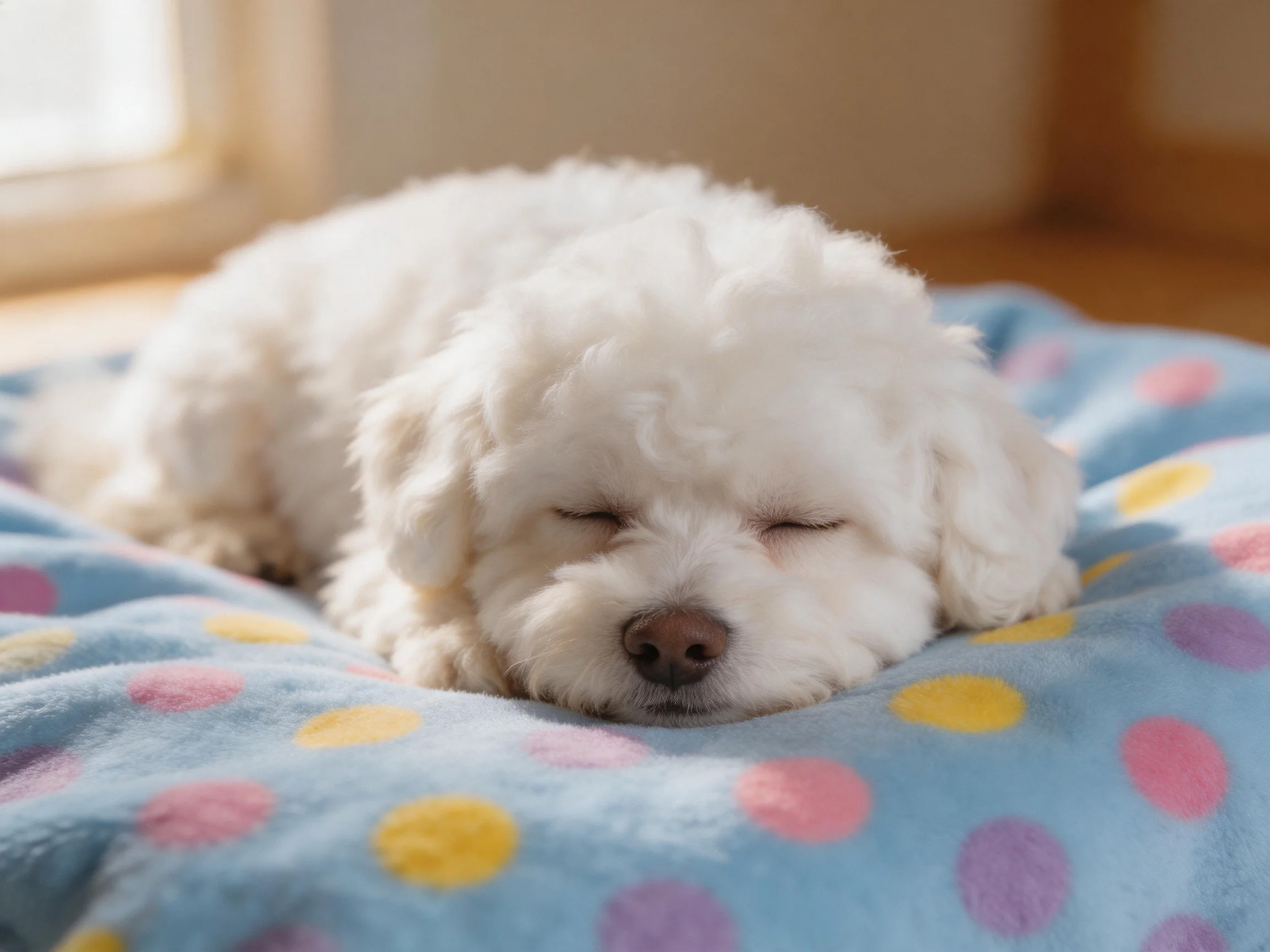 A small white dog rests on a colorful polka dot cushion.