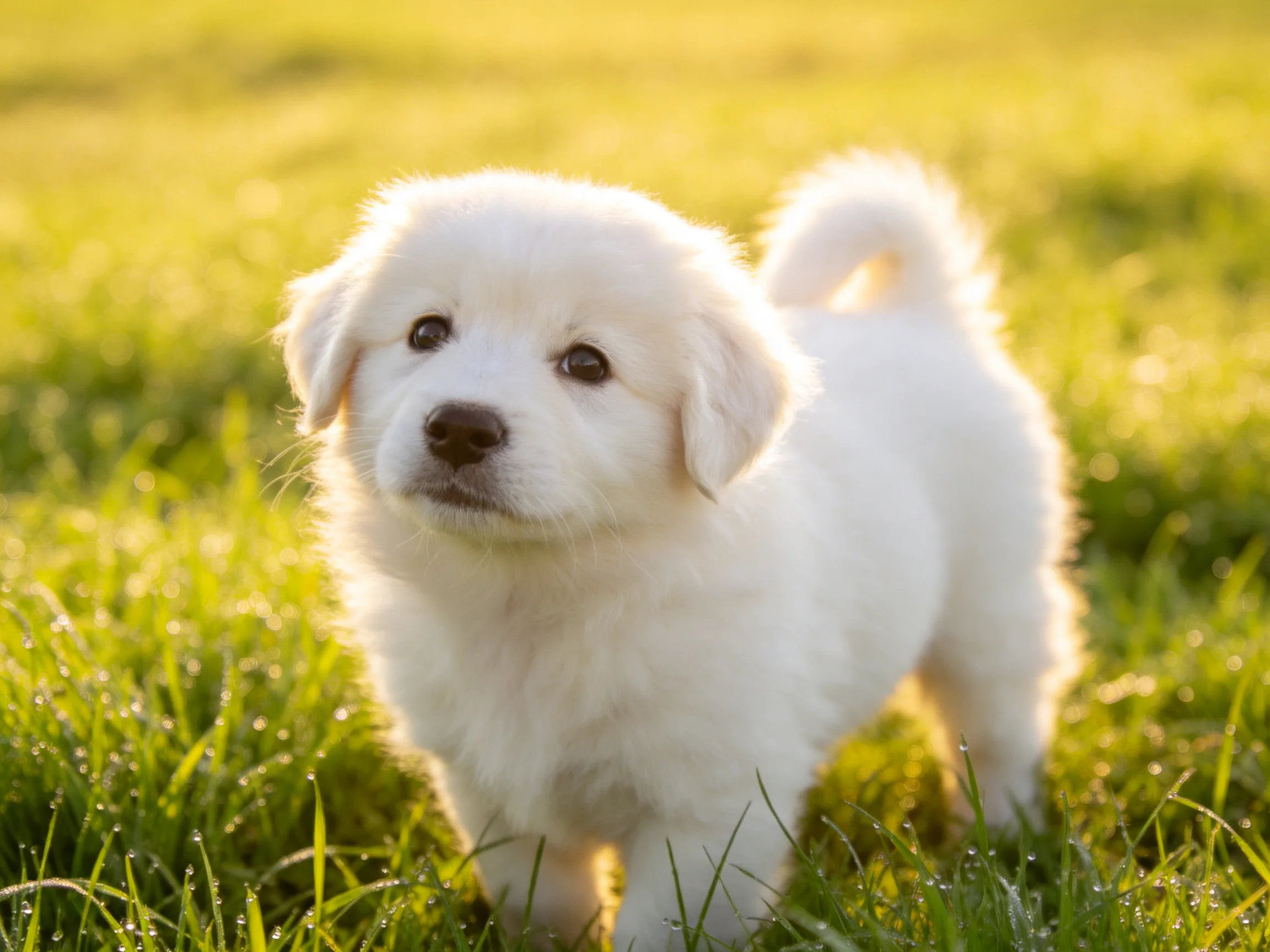 A small white puppy stands on dewy green grass in a sunlit outdoor area.