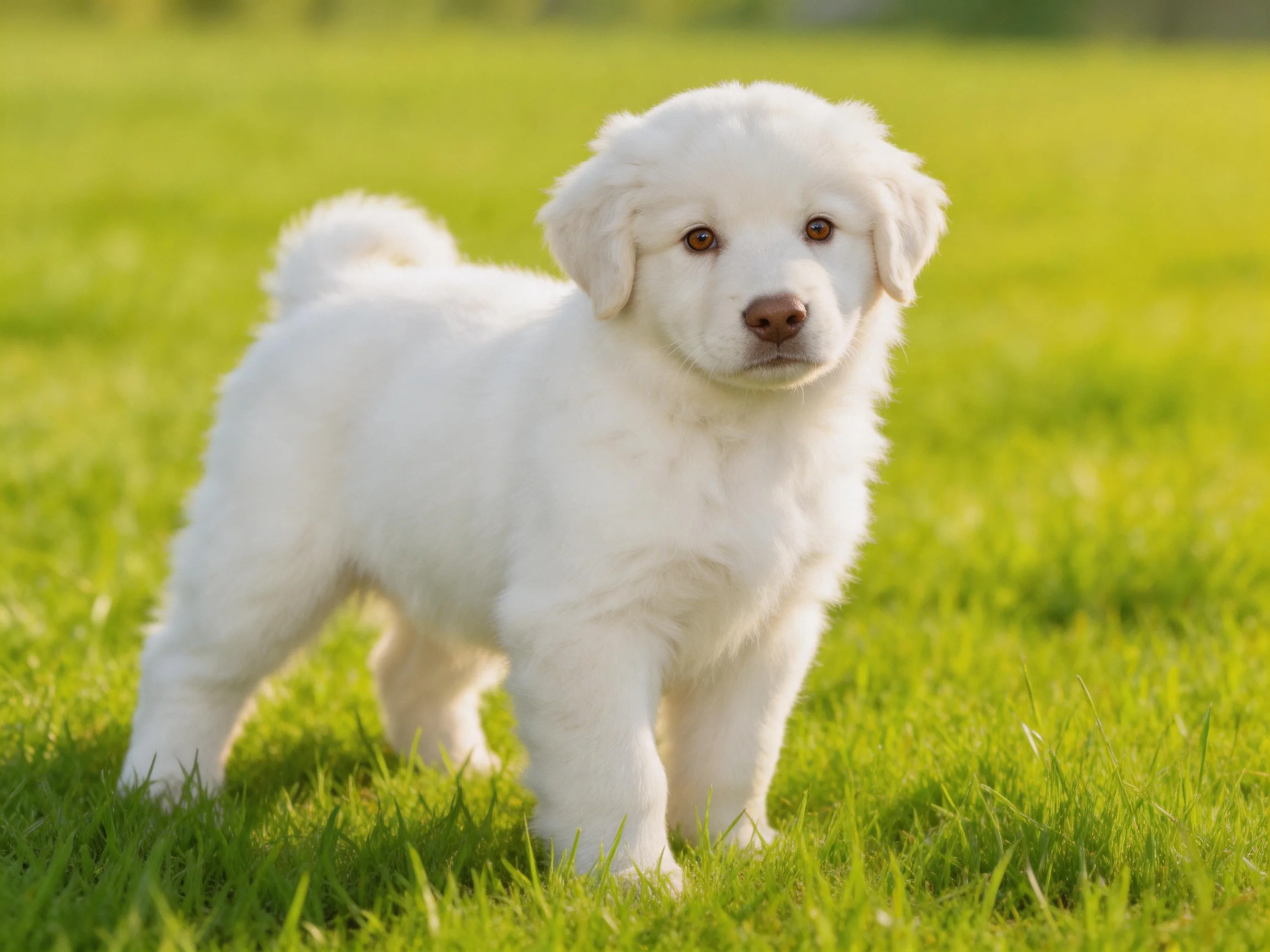 A small white puppy stands on green grass in a sunlit outdoor setting.