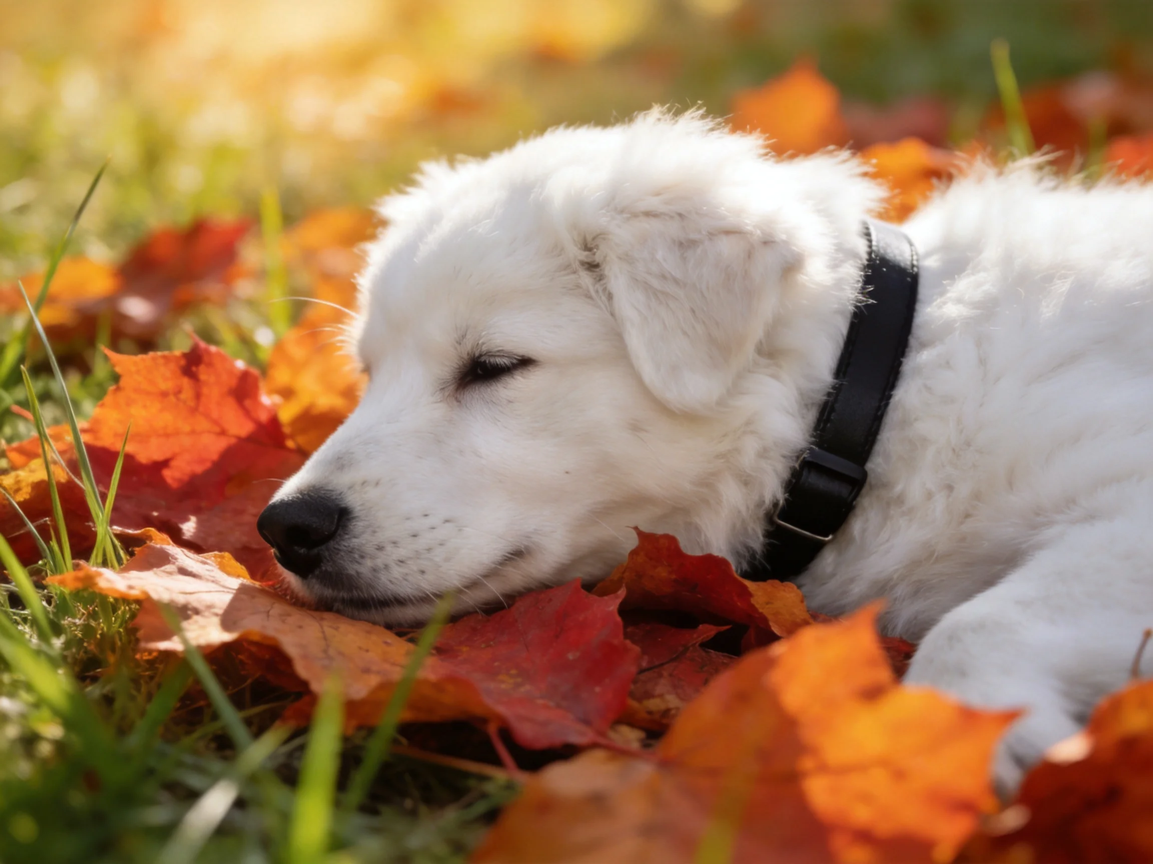 A white puppy relaxes among autumn leaves in a sunlit outdoor space.