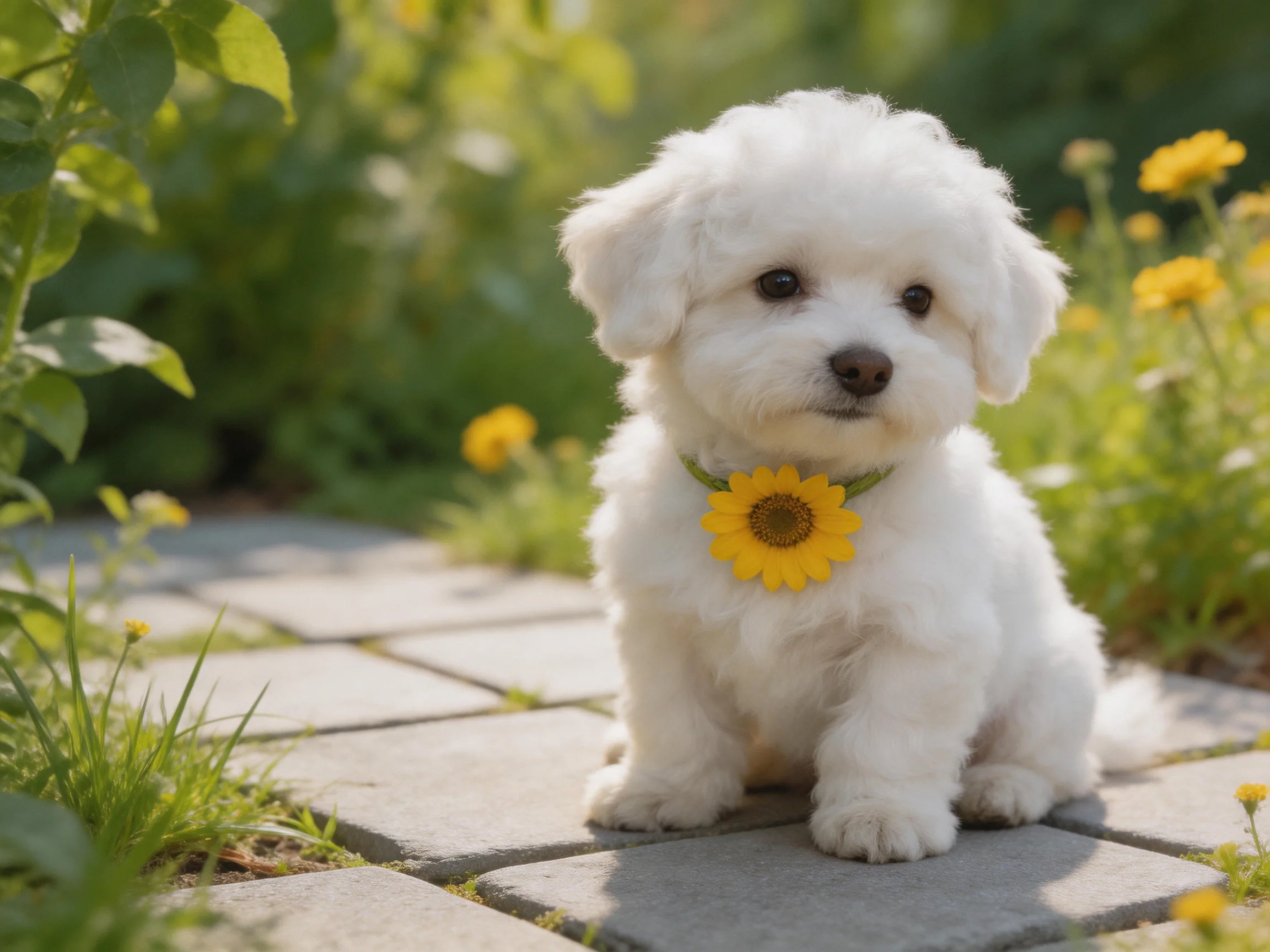 A small white dog with a yellow flower collar rests on a stone path in a garden.