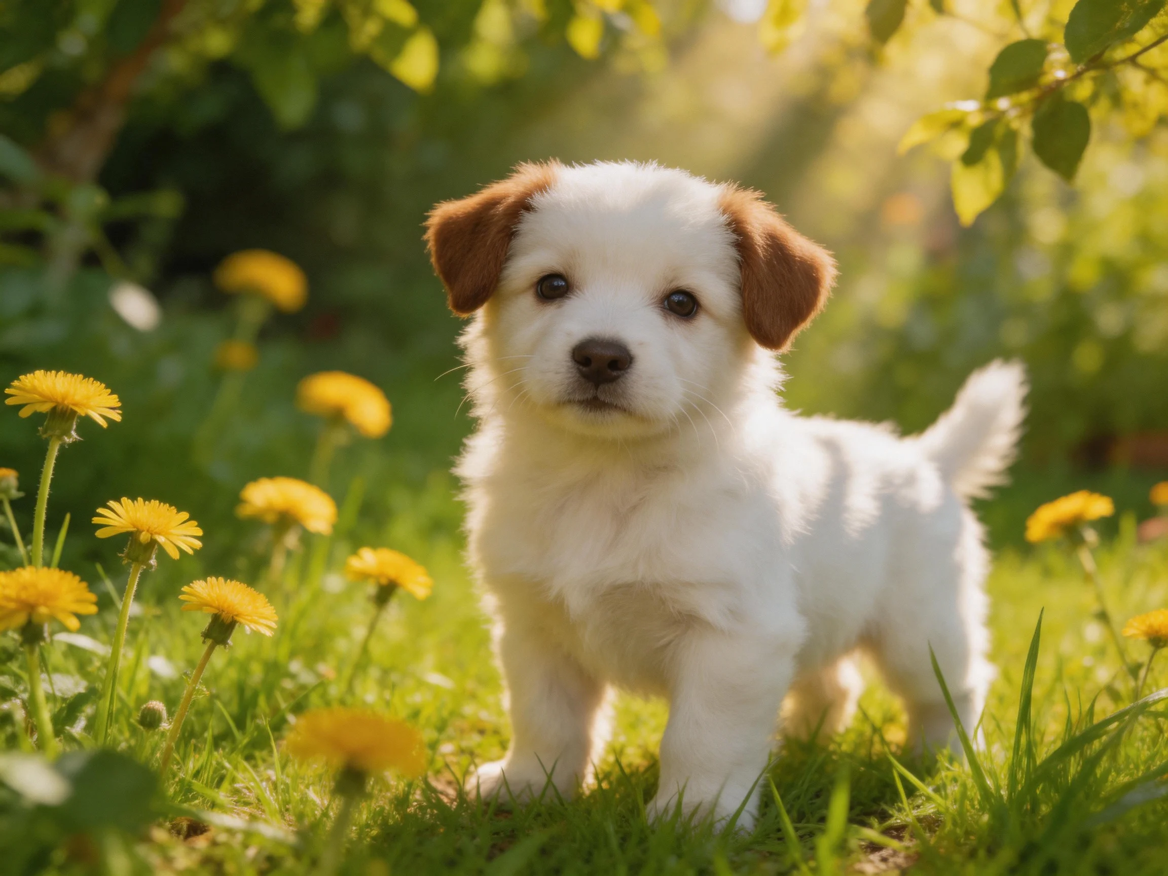 A small white puppy explores a sunlit meadow with yellow flowers
