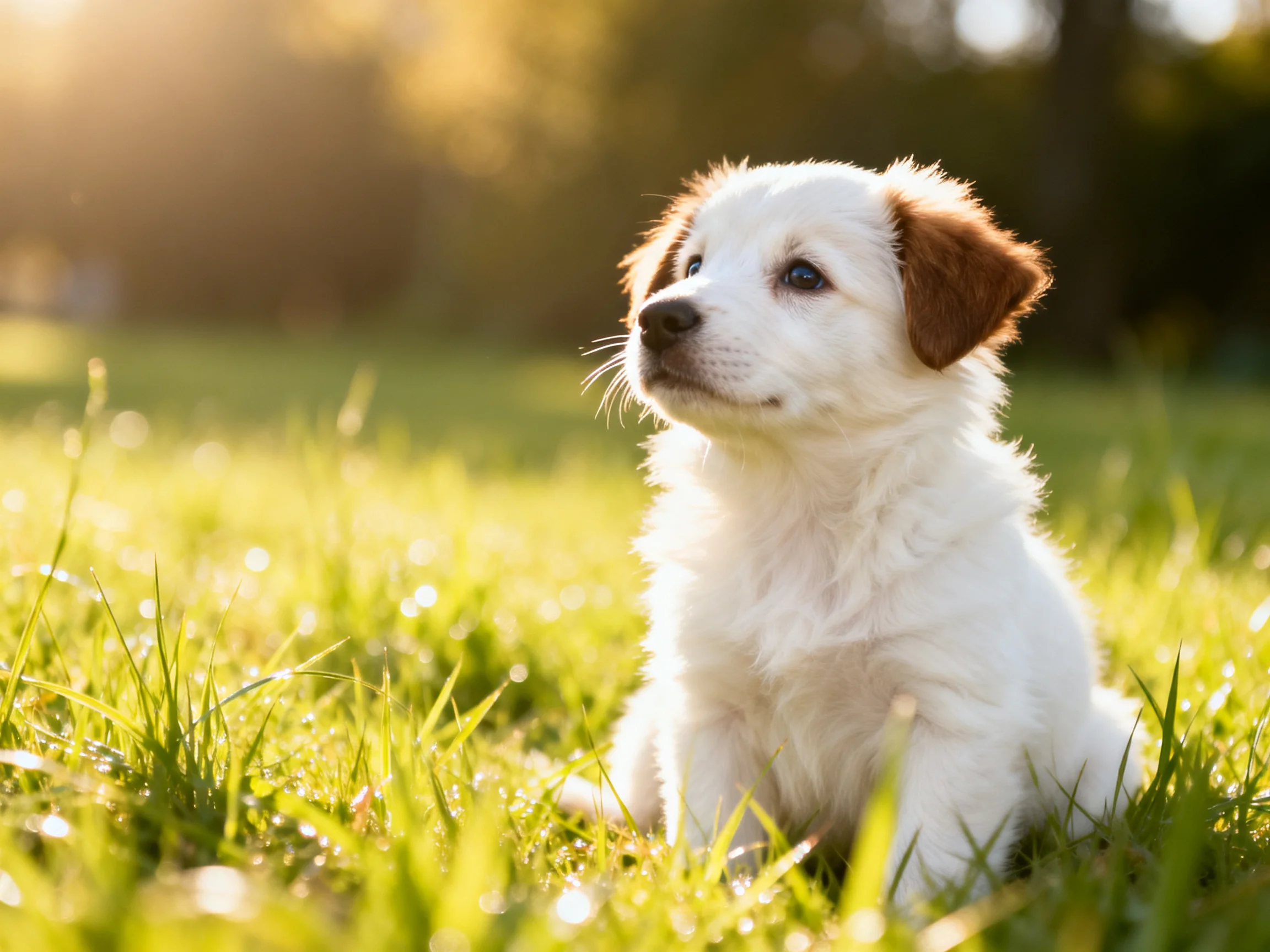 A small white puppy with brown ears rests on a sunlit grassy area.