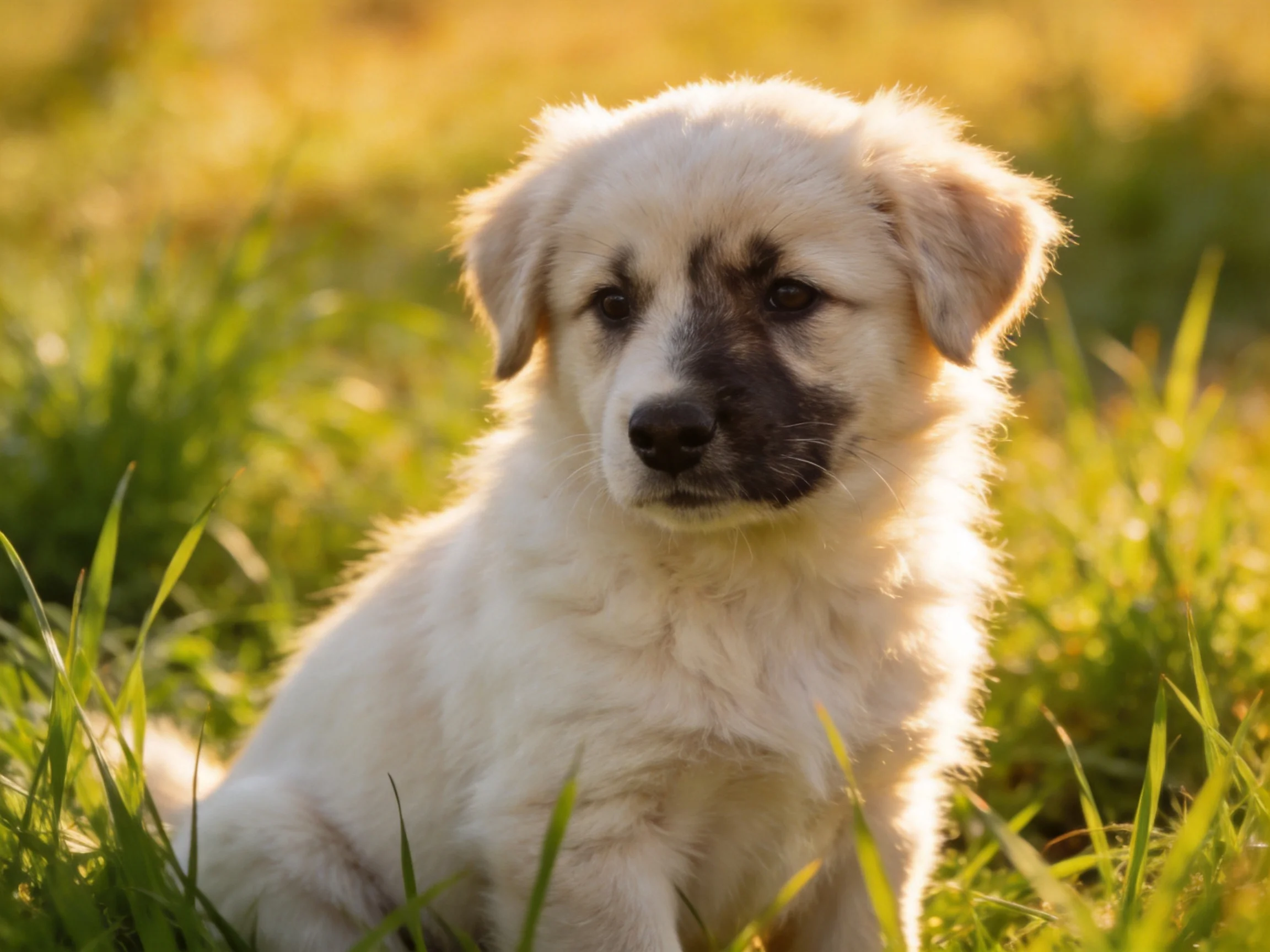 A puppy with dark facial patches rests in a sunlit grassy area.