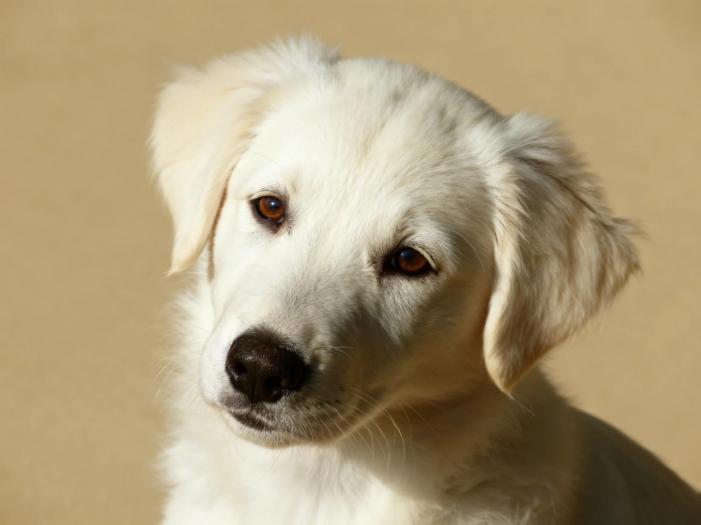 A fluffy white puppy appears calm with a neutral beige background.