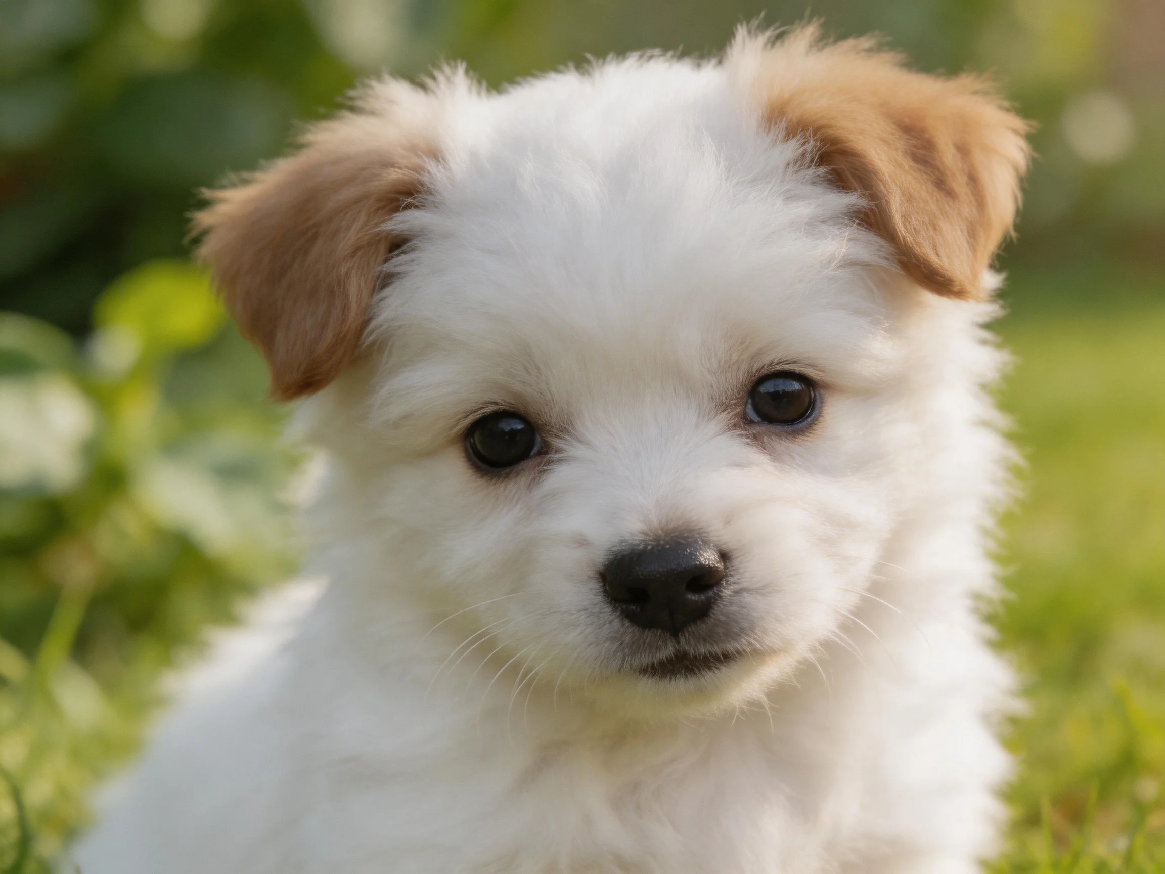 A fluffy white puppy with tan ears rests peacefully among greenery in bright daylight.