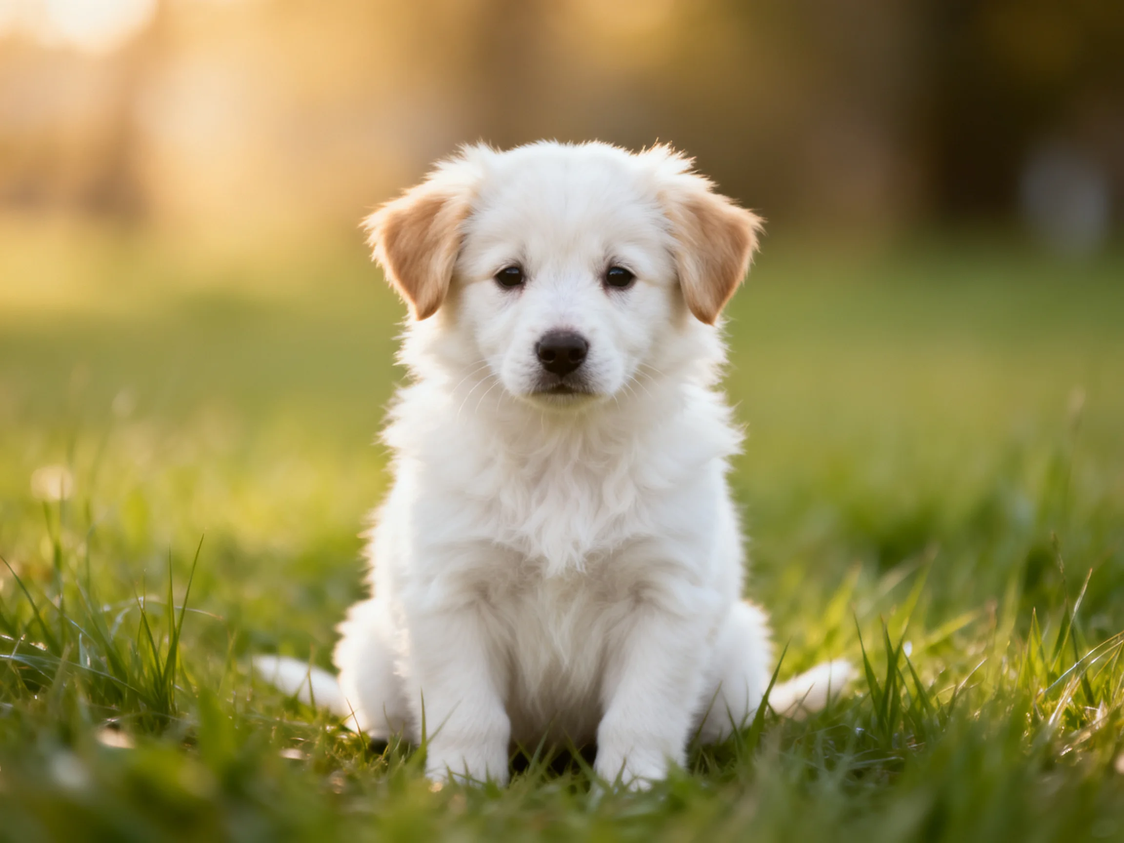 A small white puppy with tan ears sits on green grass in a sunlit outdoor area.