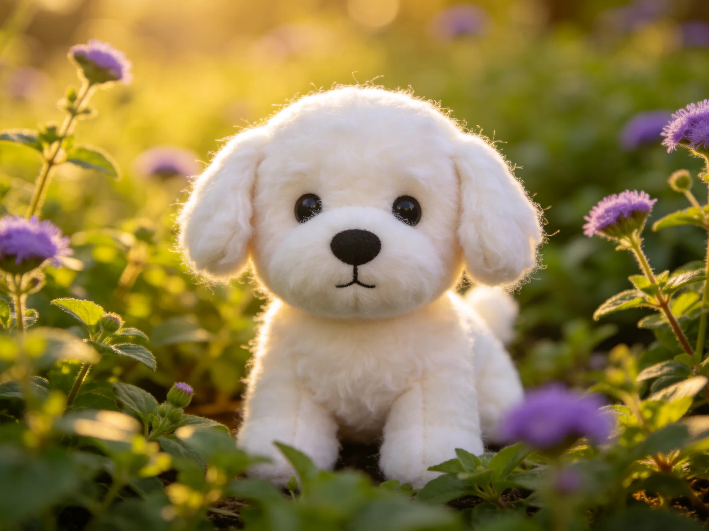 A fluffy white stuffed puppy surrounded by vibrant purple flowers and greenery