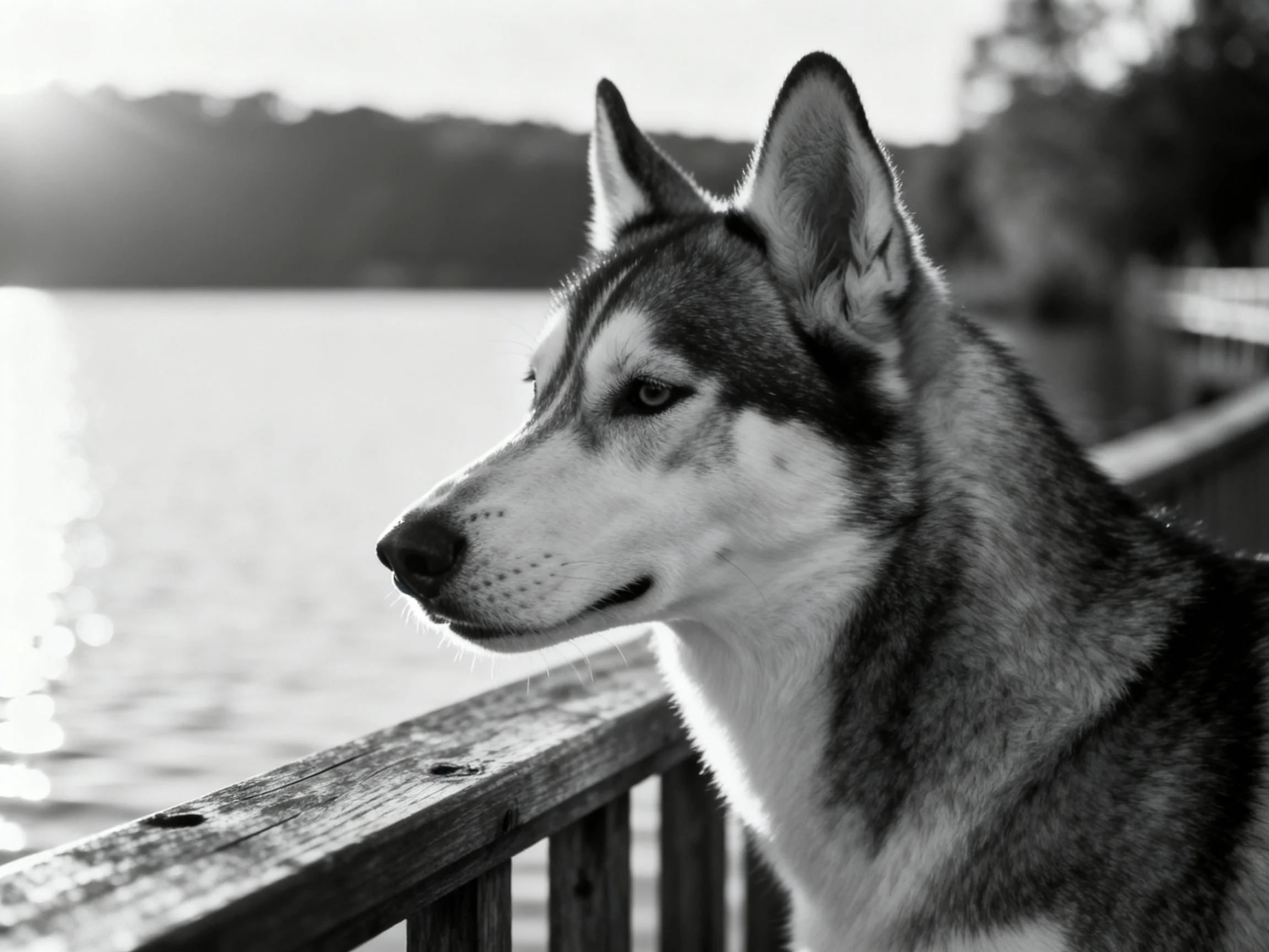 A focused Siberian Husky gazes over a wooden railing by calm waters