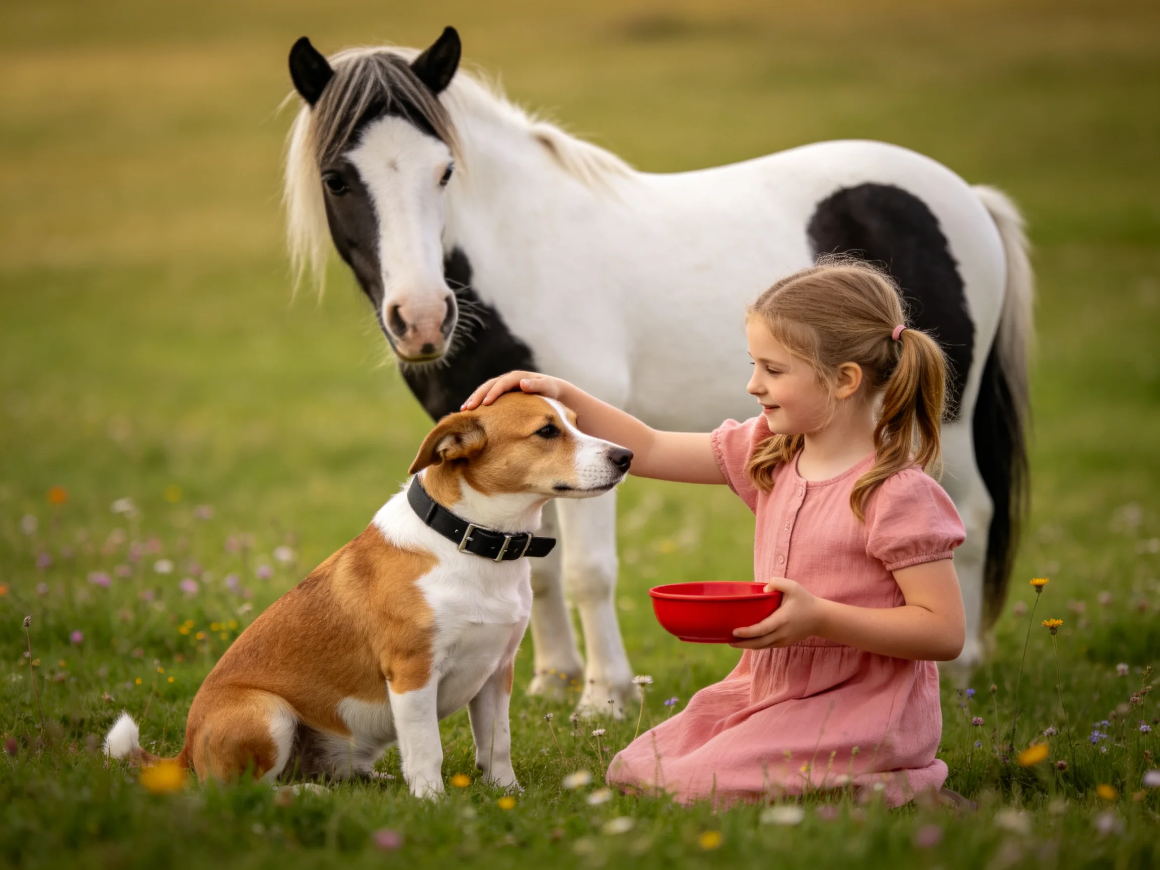 A girl in a pink dress interacts with a dog and pony in a grassy meadow