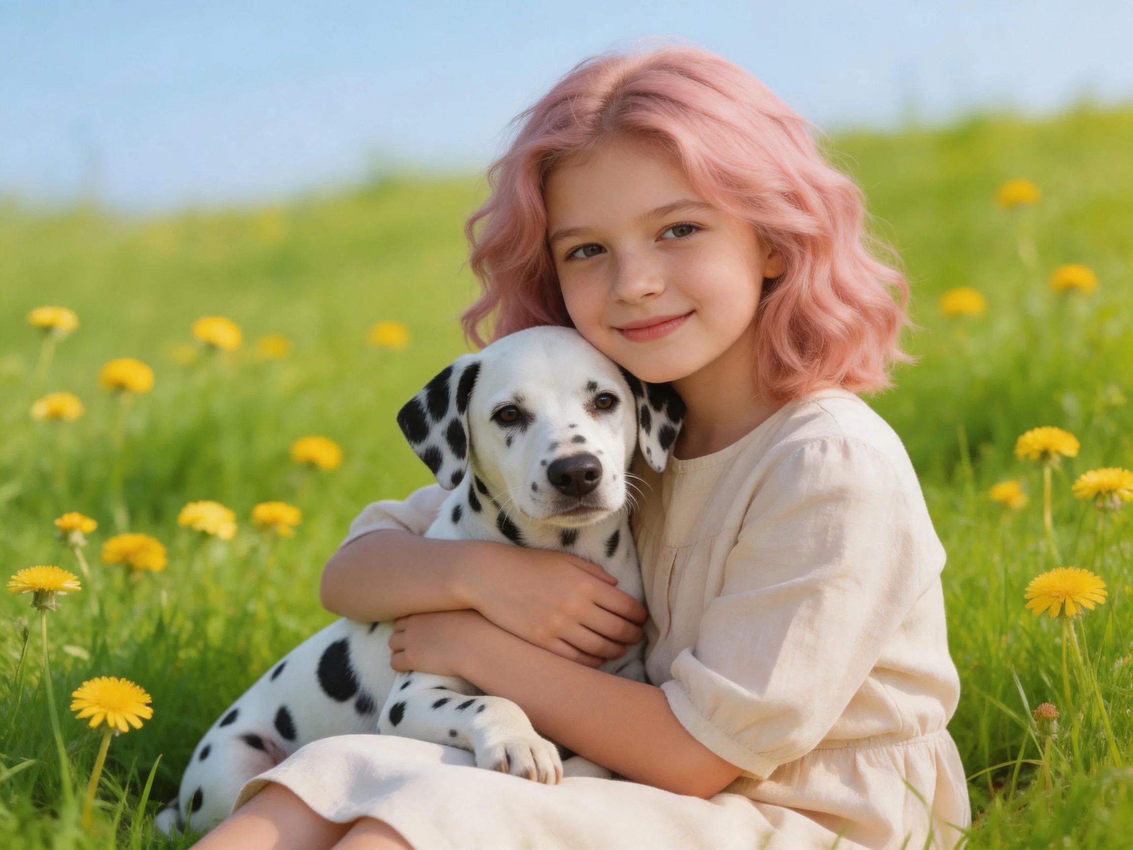 A girl with pink hair hugs a spotted Dalmatian in a field of yellow flowers