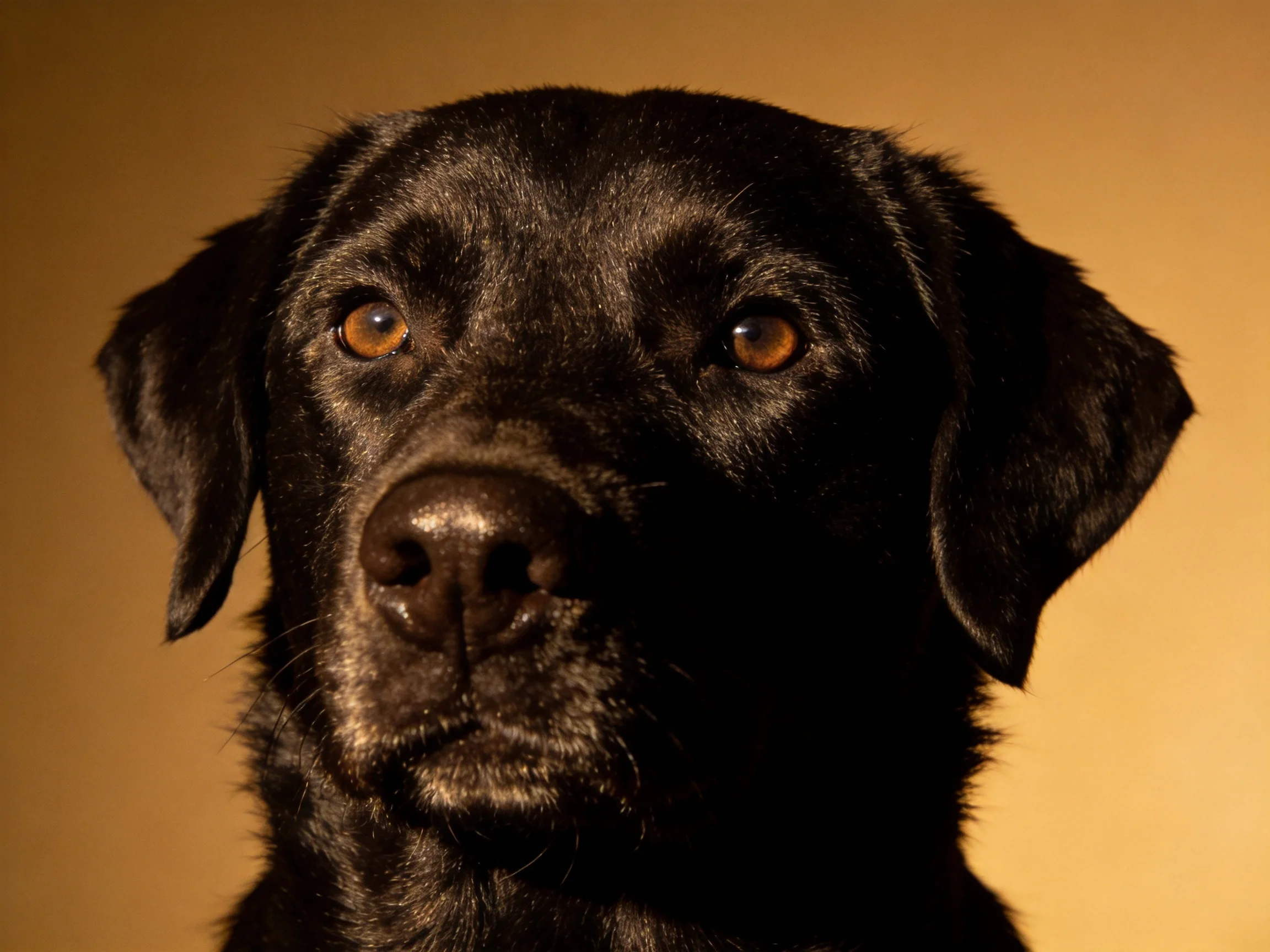 A close - up shows a glossy black Labrador retriever staring directly forward.