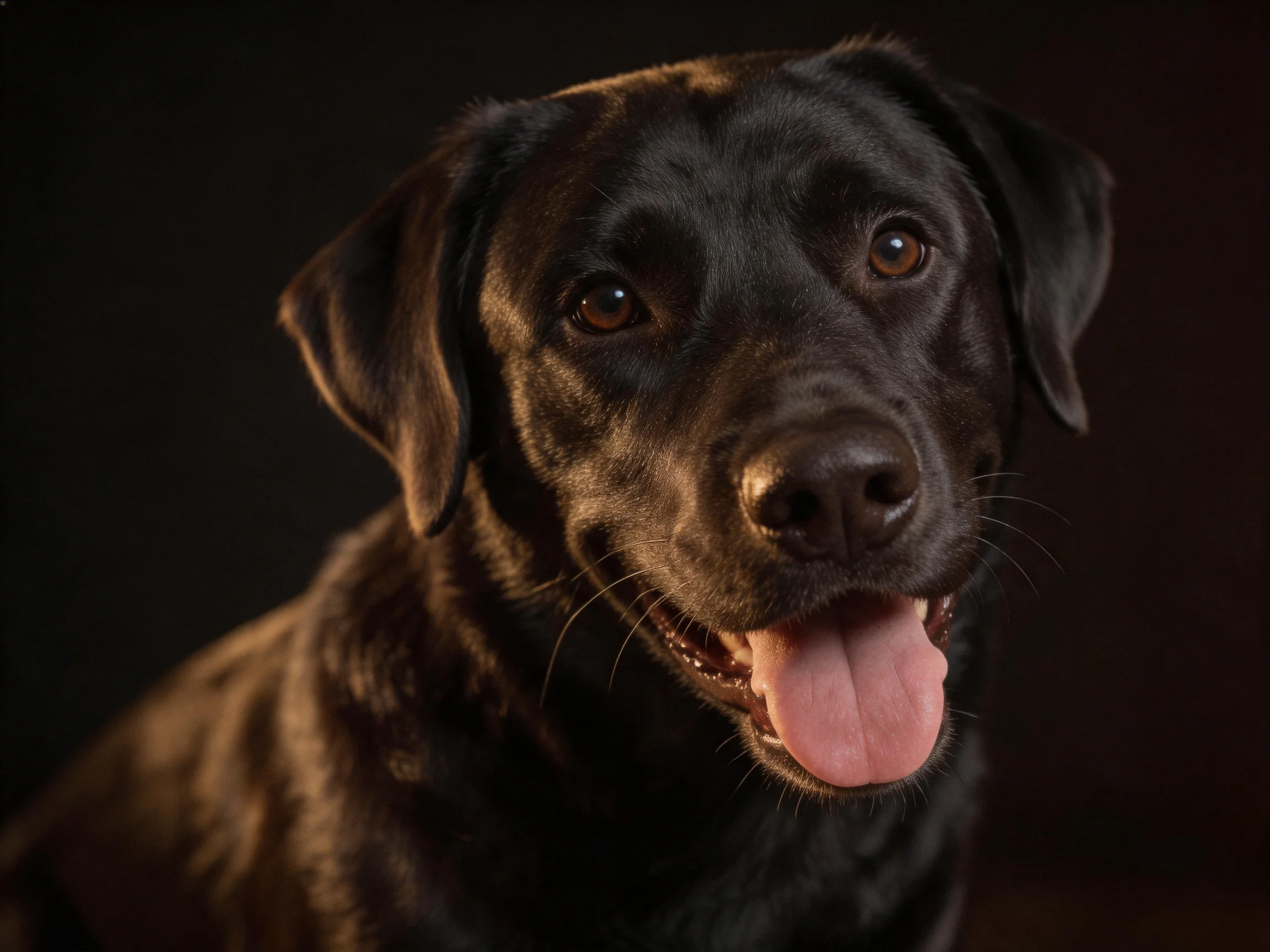 A glossy black Labrador retriever with warm lighting