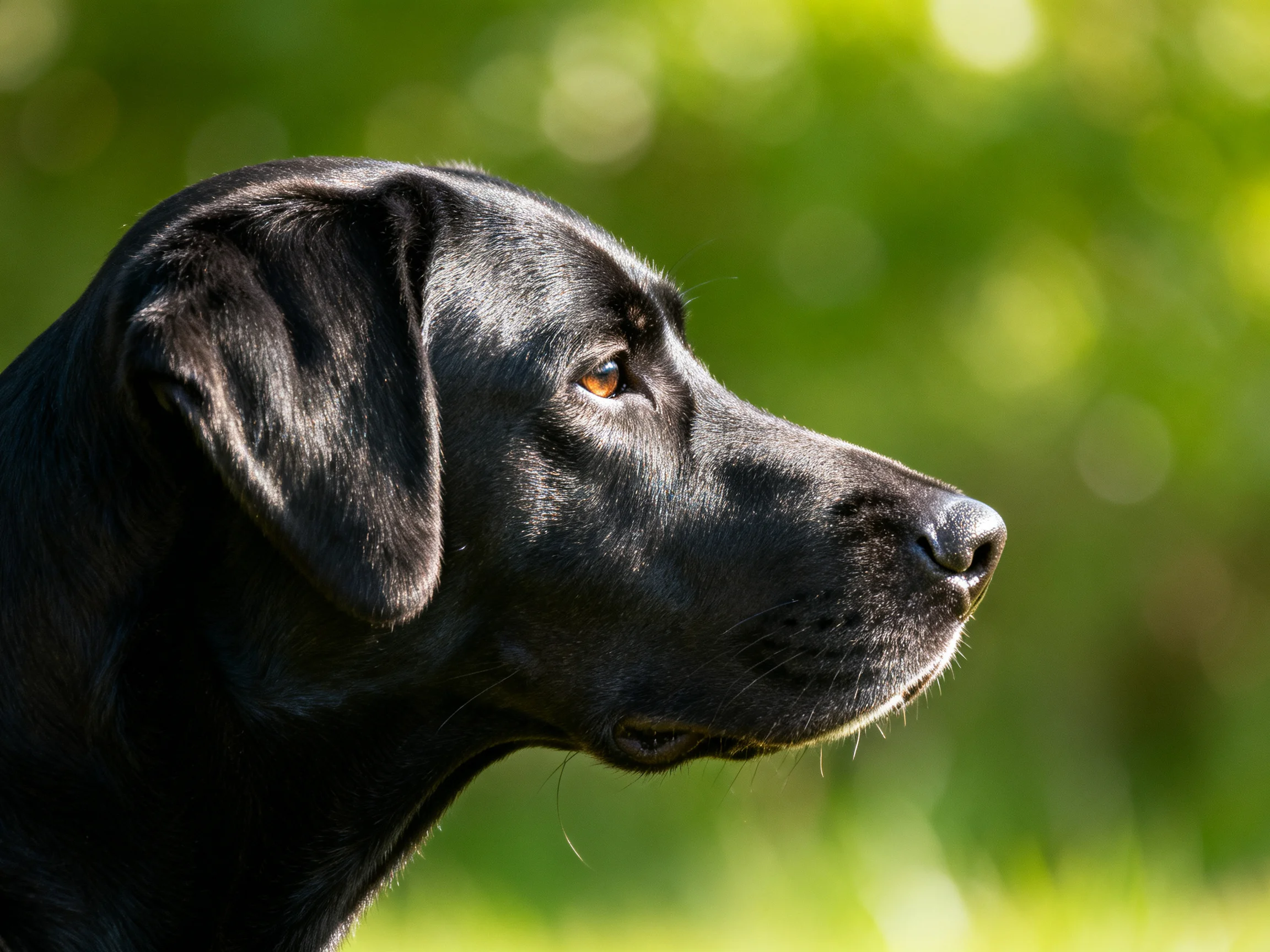 A black dog focuses sharply with a soft, green, blurred natural background.