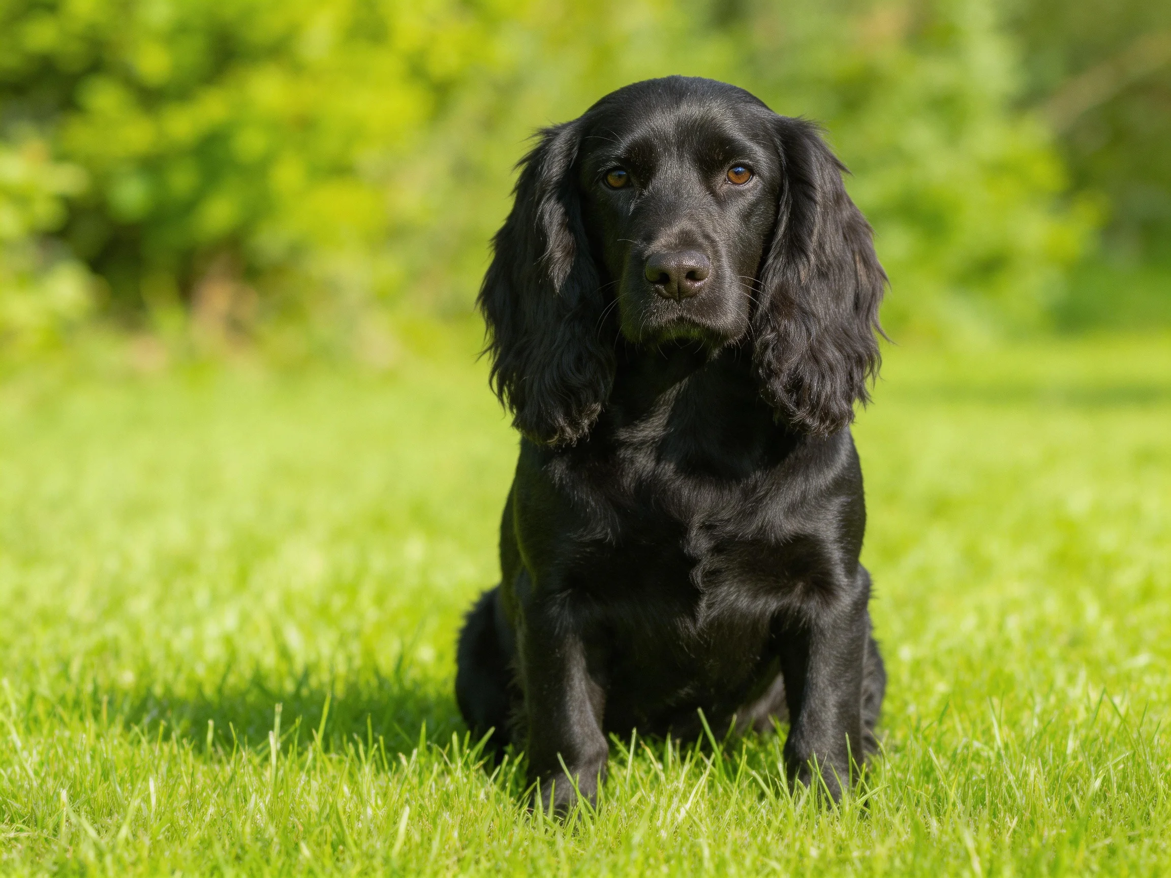 A glossy black dog sits calmly on bright green grass in a sunlit outdoor area.