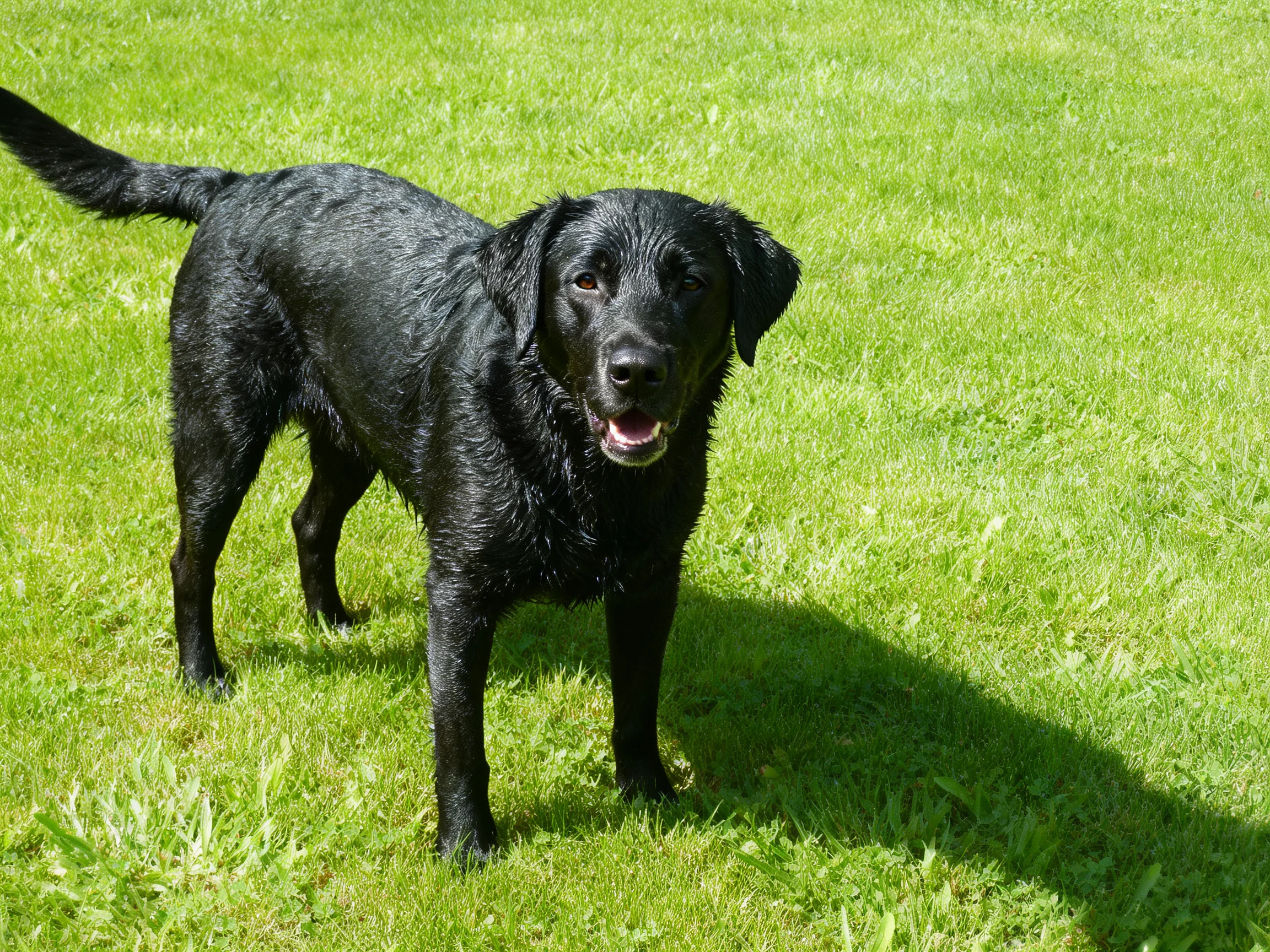 A glossy black dog stands on green grass in bright sunlight.