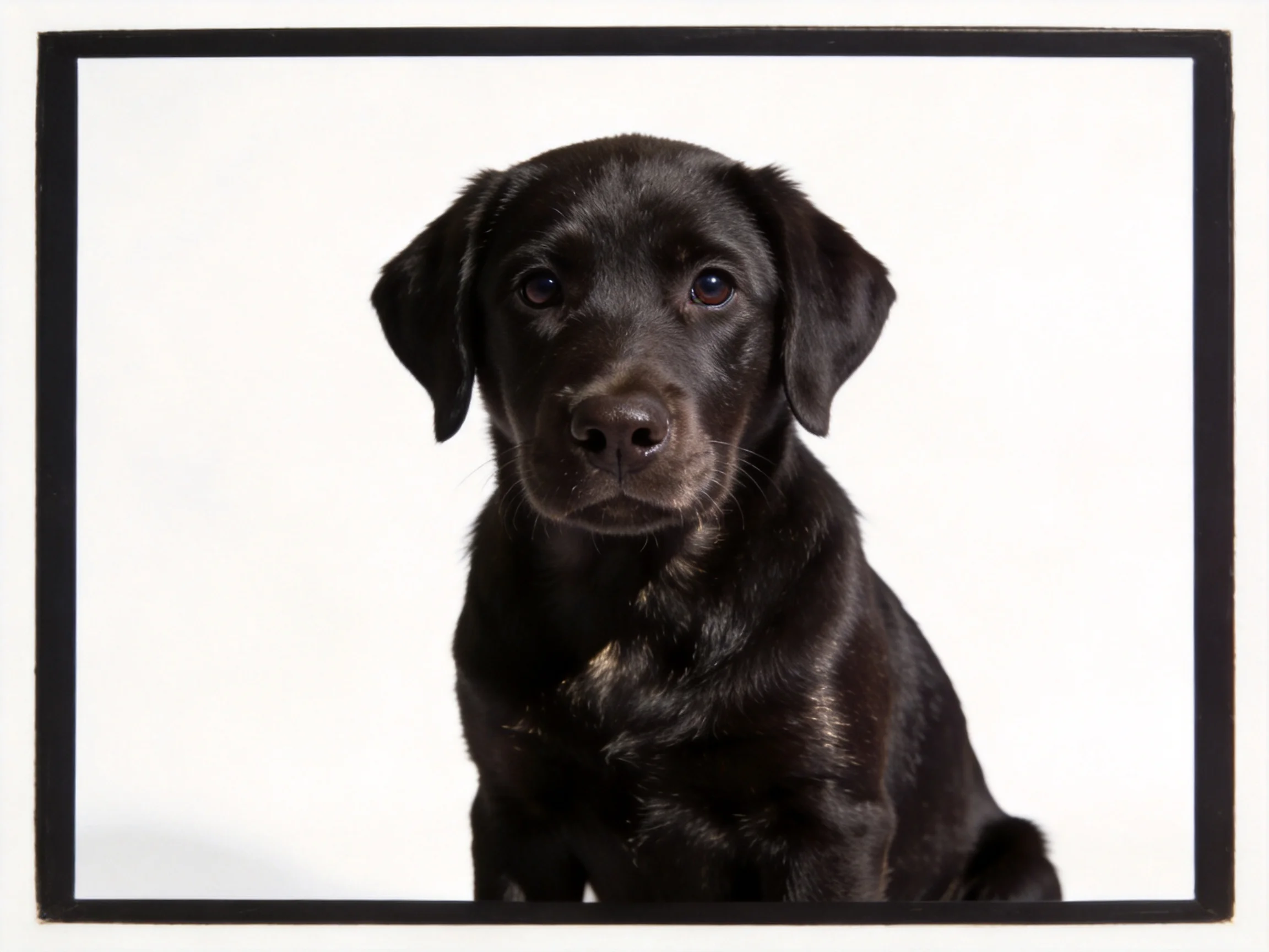 A glossy black puppy sitting against a stark white backdrop