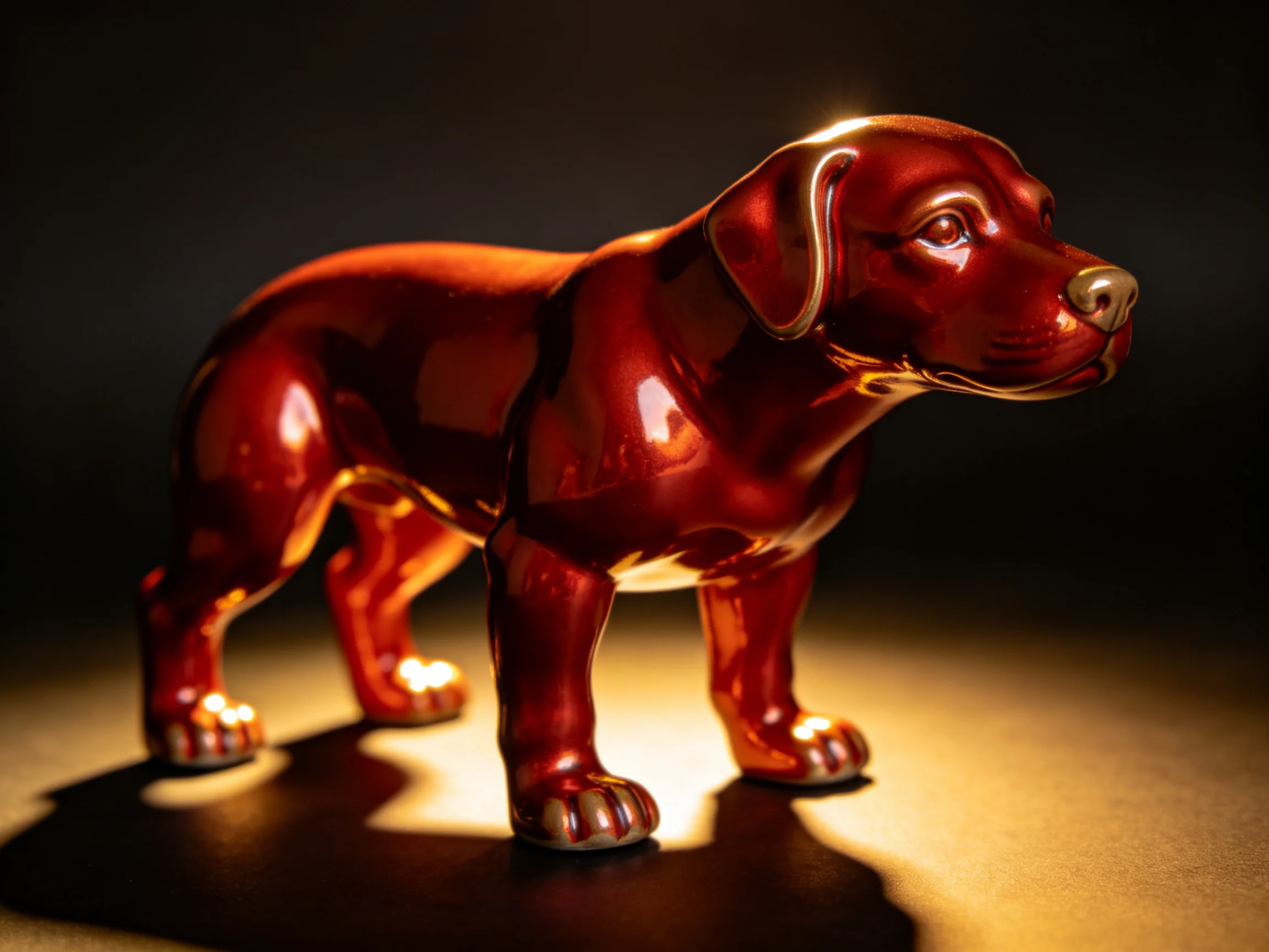 A glossy red ceramic dog sculpture with reflective surface