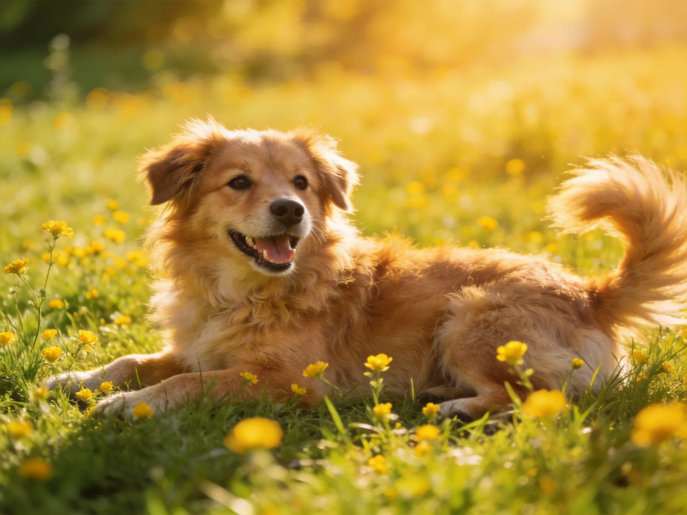 A golden - coated dog rests among yellow wildflowers in a sunlit meadow