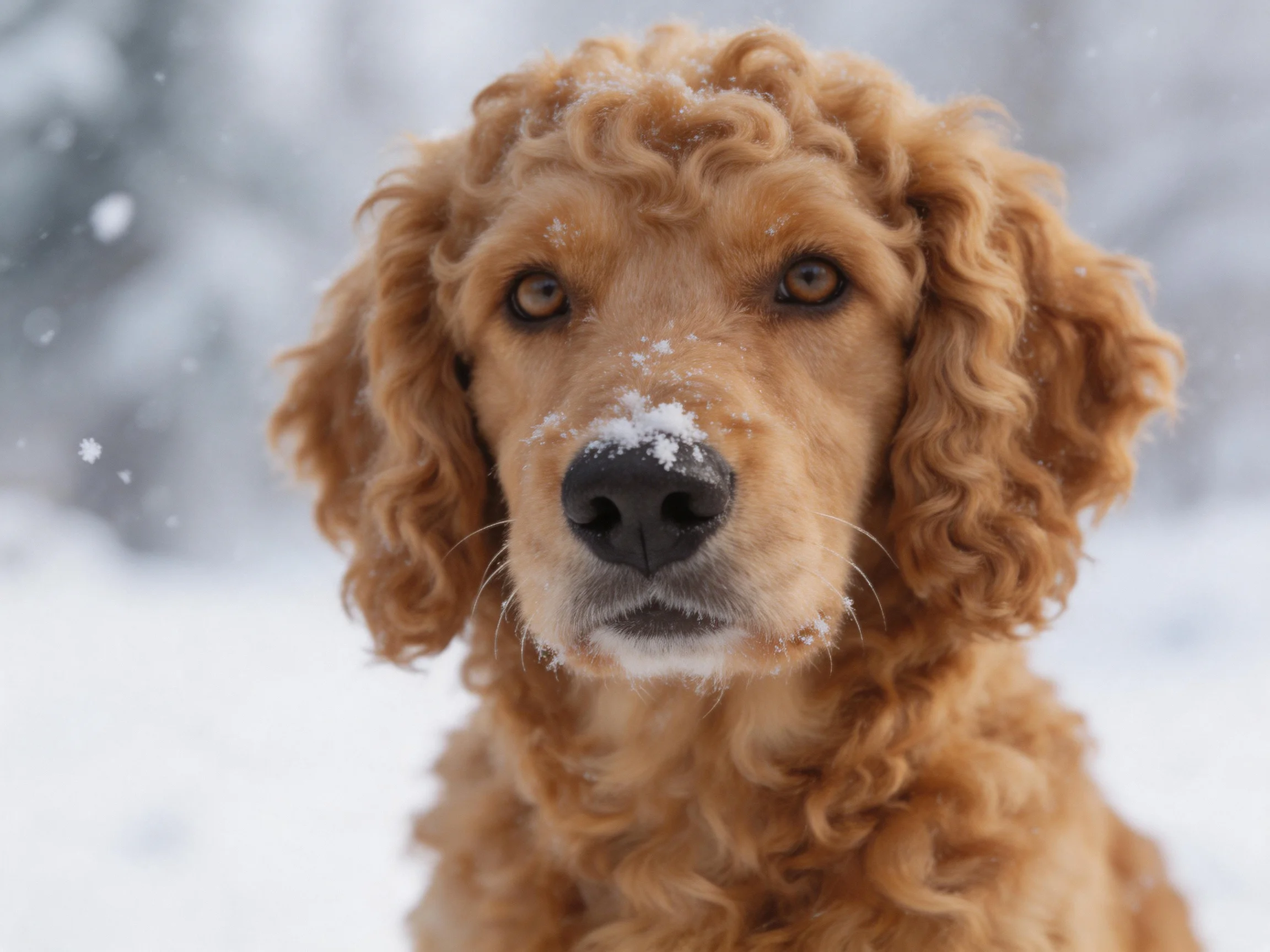 A golden - coated dog with curly fur in a snowy winter scene