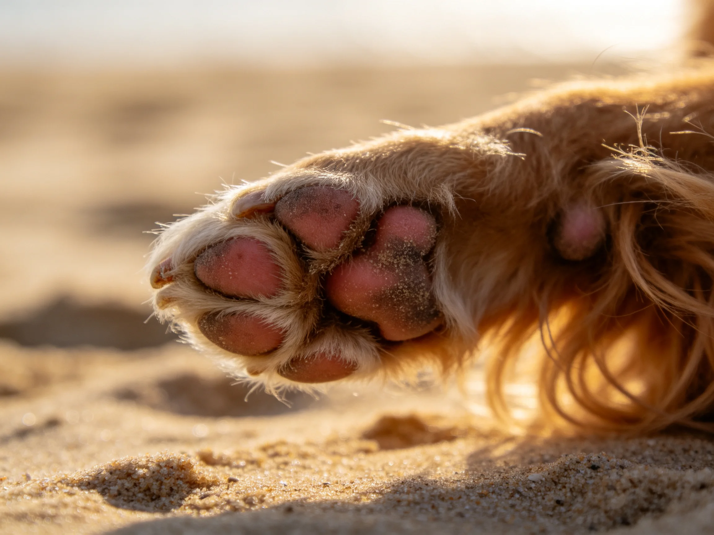 A golden - furred dog’s paw on sunlit sand